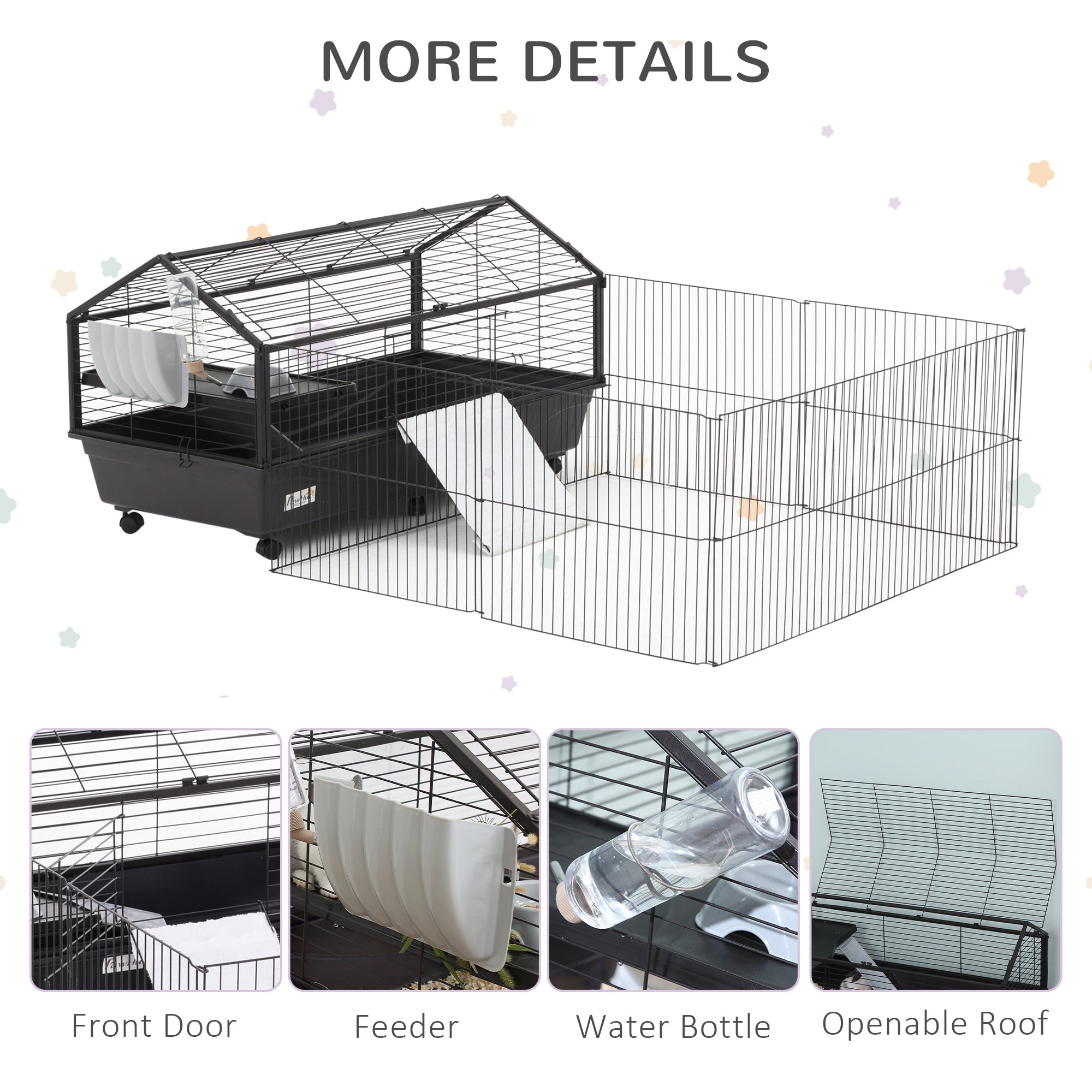 PawHut Metal Small Animal Cage, Rabbit Cage for Guinea Pig Chinchilla Hedgehog Bunny with Removable Wheels and Foldable Detachable Run Fence 46.5" L x 67" W x 24.5" H