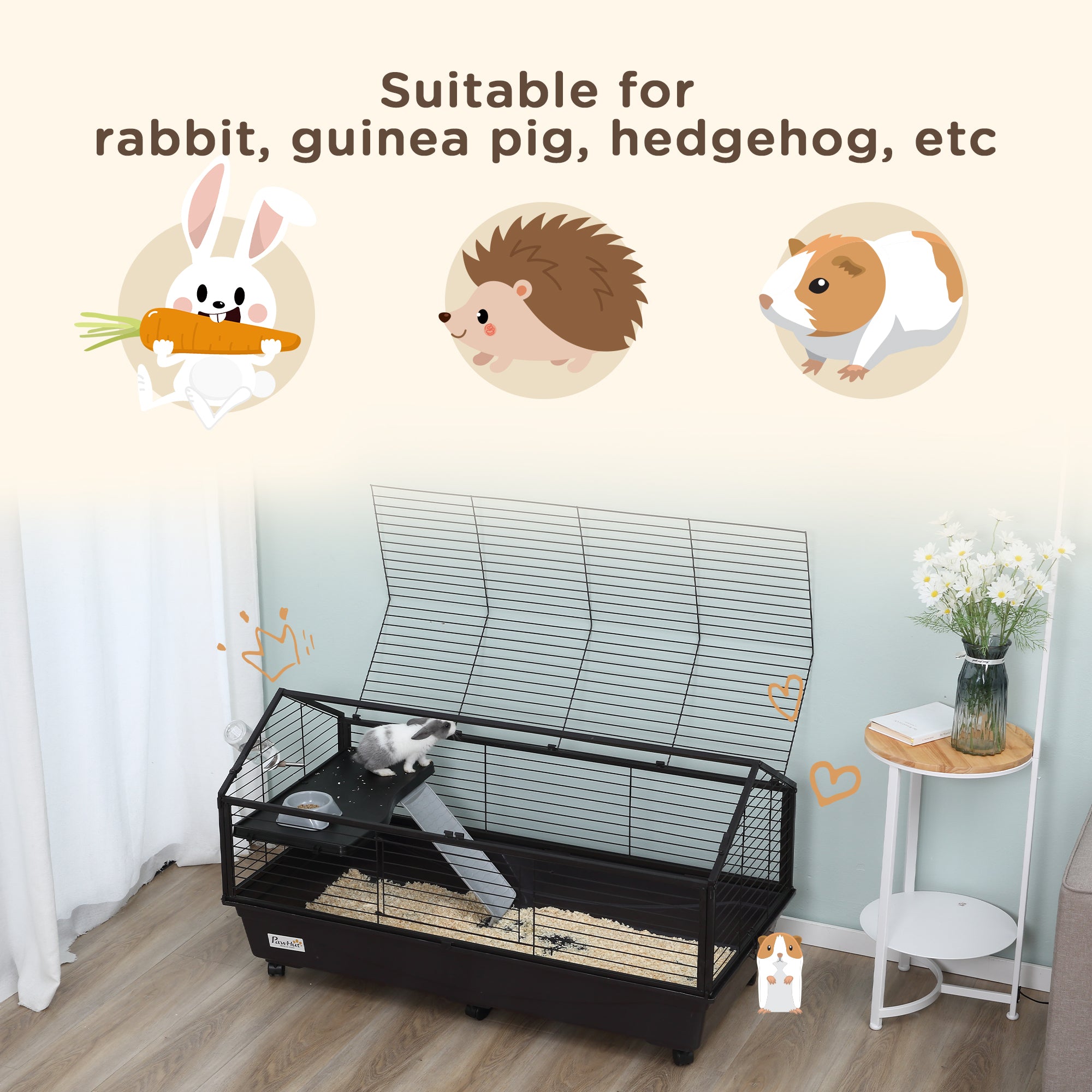 PawHut Metal Small Animal Cage, Rabbit Cage for Guinea Pig Chinchilla Hedgehog Bunny with Removable Wheels and Foldable Detachable Run Fence 46.5" L x 67" W x 24.5" H