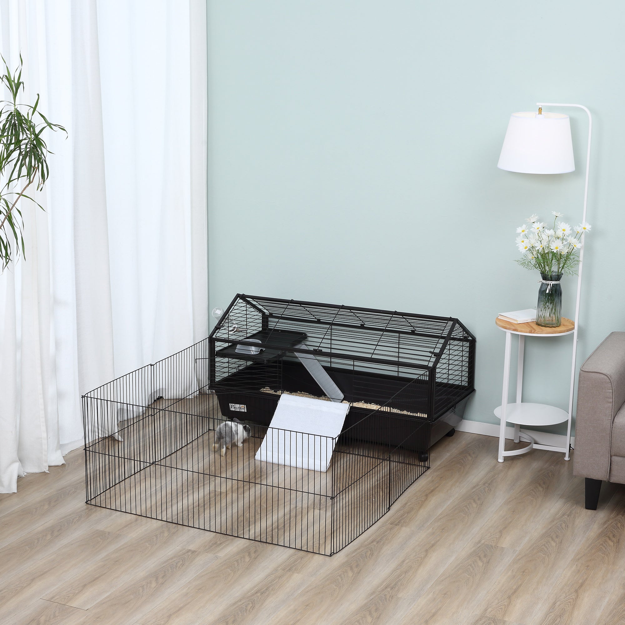 PawHut Metal Small Animal Cage, Rabbit Cage for Guinea Pig Chinchilla Hedgehog Bunny with Removable Wheels and Foldable Detachable Run Fence 46.5" L x 67" W x 24.5" H
