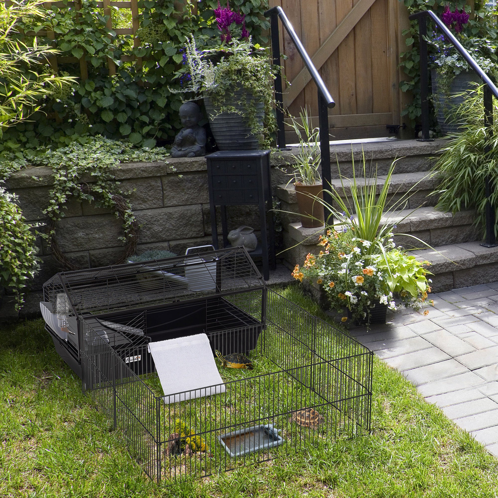 PawHut Metal Small Animal Cage, Rabbit Cage for Guinea Pig Chinchilla Hedgehog Bunny with Removable Wheels and Foldable Detachable Run Fence 46.5" L x 67" W x 24.5" H