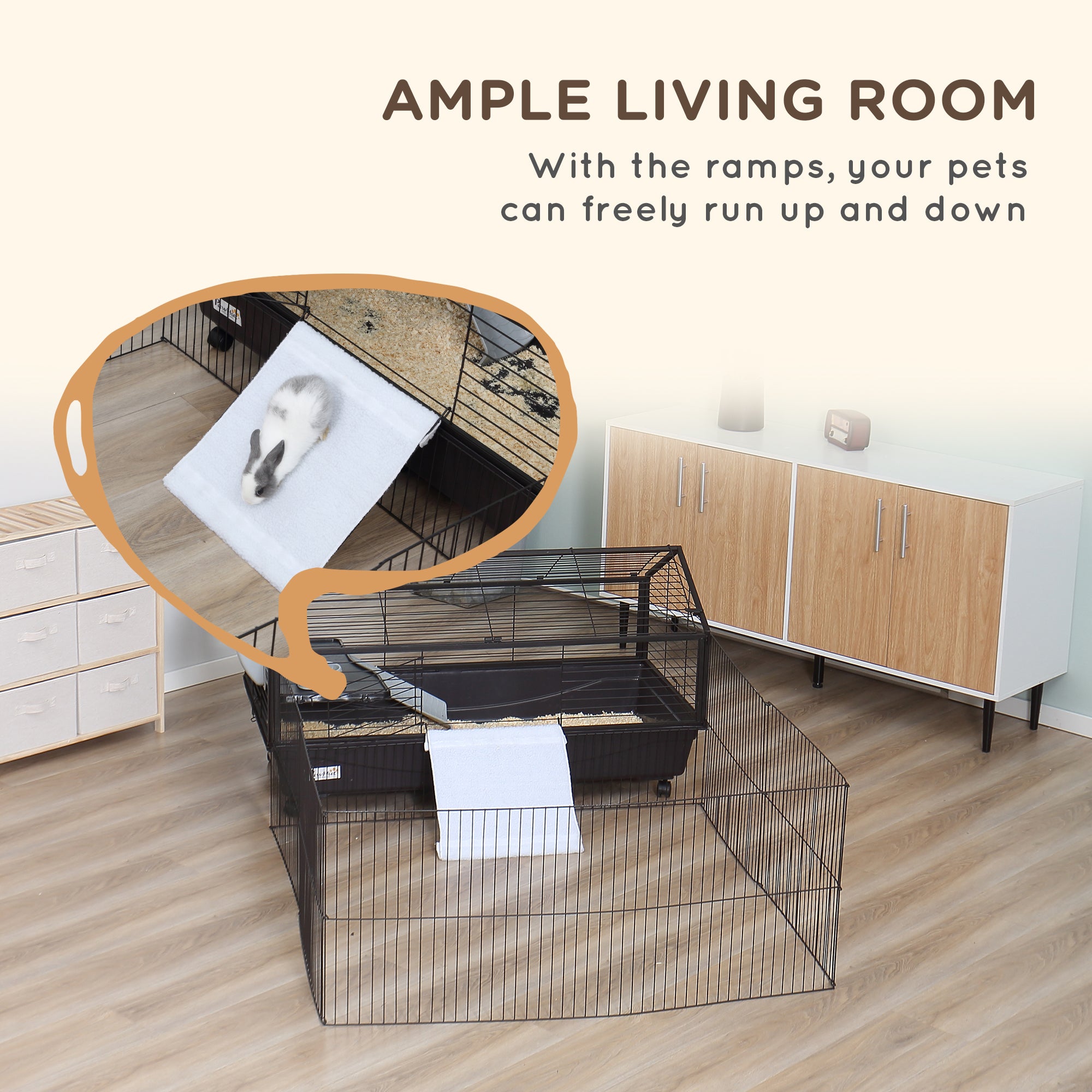 PawHut Metal Small Animal Cage, Rabbit Cage for Guinea Pig Chinchilla Hedgehog Bunny with Removable Wheels and Foldable Detachable Run Fence 46.5" L x 67" W x 24.5" H