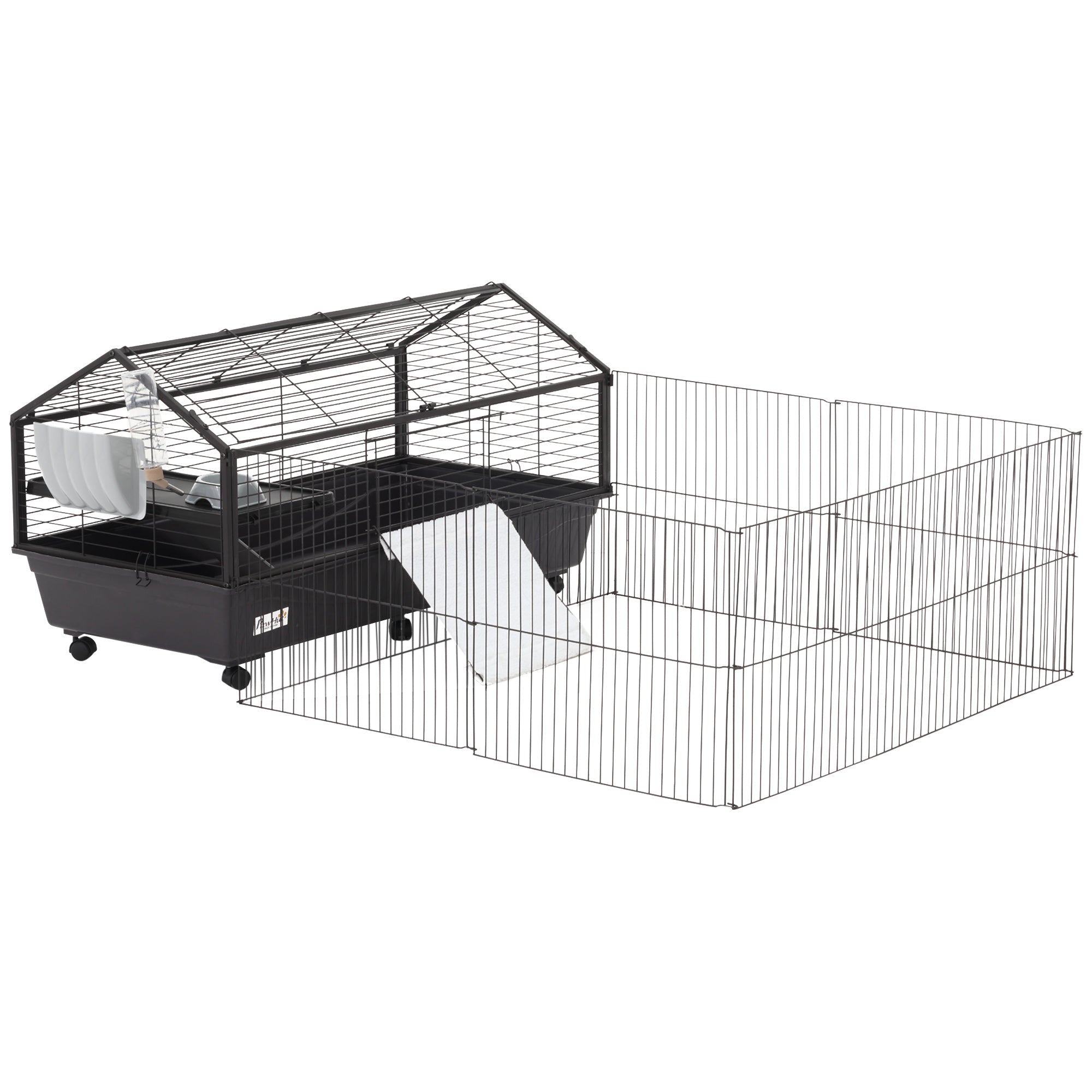 PawHut Metal Small Animal Cage, Rabbit Cage for Guinea Pig Chinchilla Hedgehog Bunny with Removable Wheels and Foldable Detachable Run Fence 46.5" L x 67" W x 24.5" H