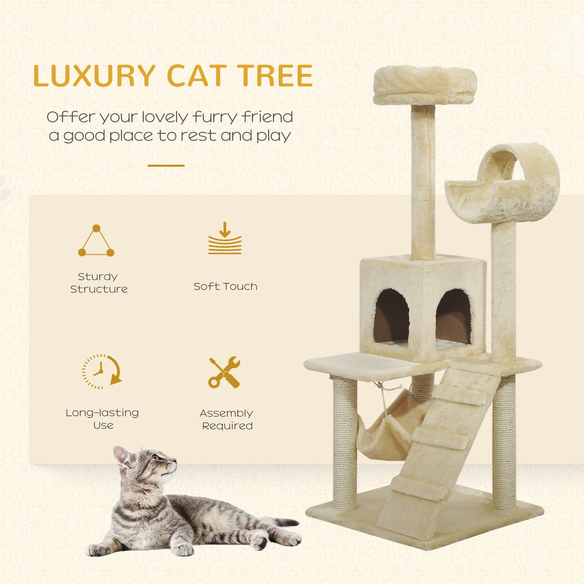 PawHut 52Inch Cat Tree Kitty Tower with Scratching Post Condo Hammock Pet Bed Furniture Kitten Activity Center, Beige