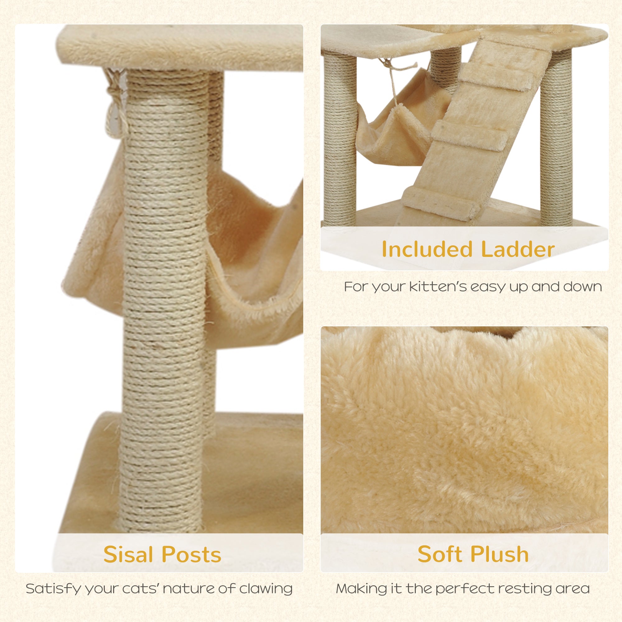 PawHut 52Inch Cat Tree Kitty Tower with Scratching Post Condo Hammock Pet Bed Furniture Kitten Activity Center, Beige