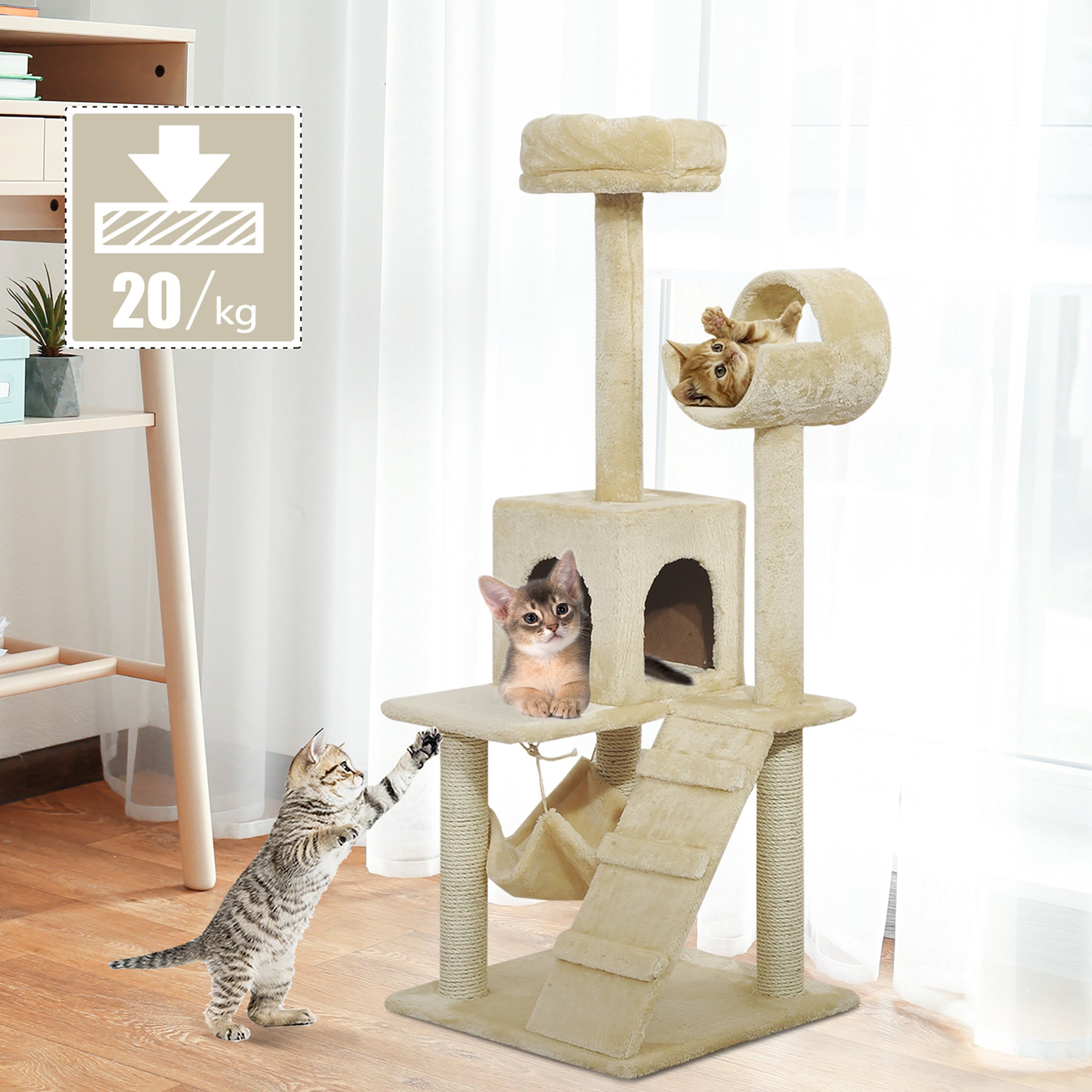 PawHut 52Inch Cat Tree Kitty Tower with Scratching Post Condo Hammock Pet Bed Furniture Kitten Activity Center, Beige