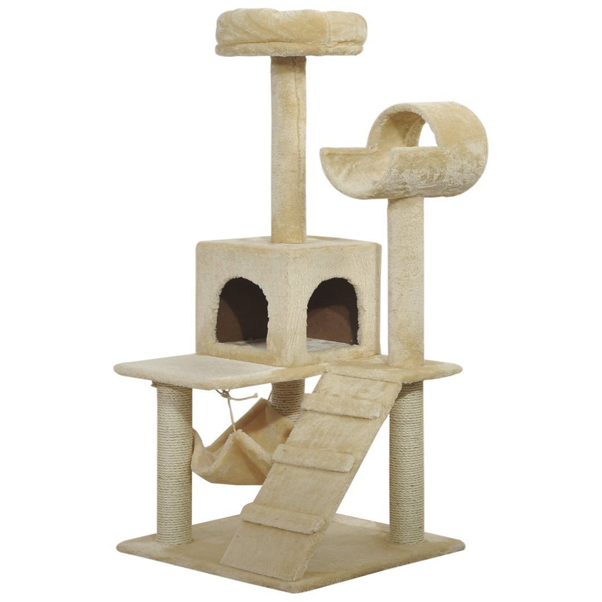 PawHut 52Inch Cat Tree Kitty Tower with Scratching Post Condo Hammock Pet Bed Furniture Kitten Activity Center, Beige