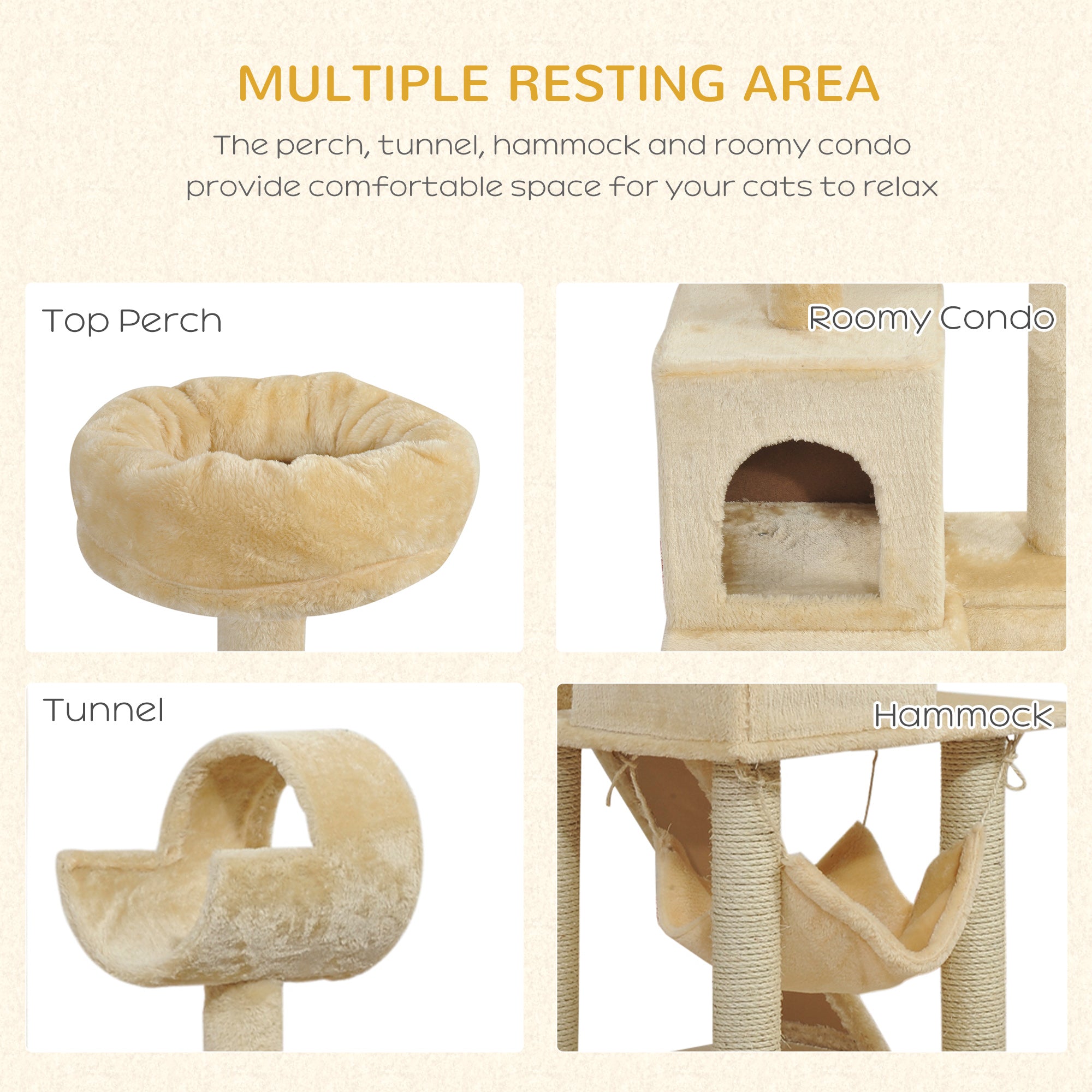 PawHut 52Inch Cat Tree Kitty Tower with Scratching Post Condo Hammock Pet Bed Furniture Kitten Activity Center, Beige