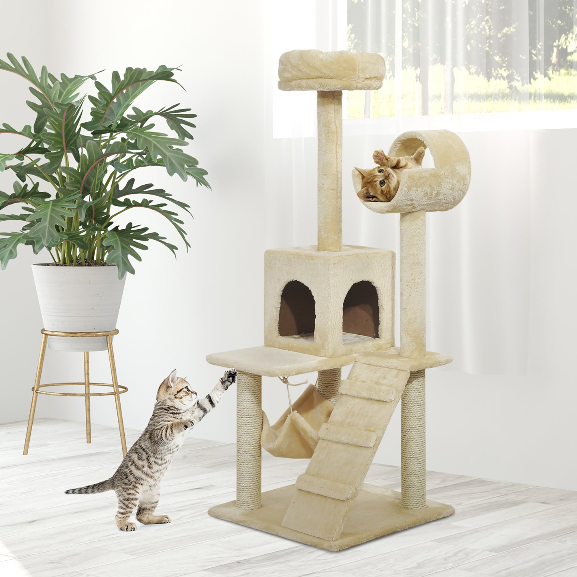 PawHut 52Inch Cat Tree Kitty Tower with Scratching Post Condo Hammock Pet Bed Furniture Kitten Activity Center, Beige