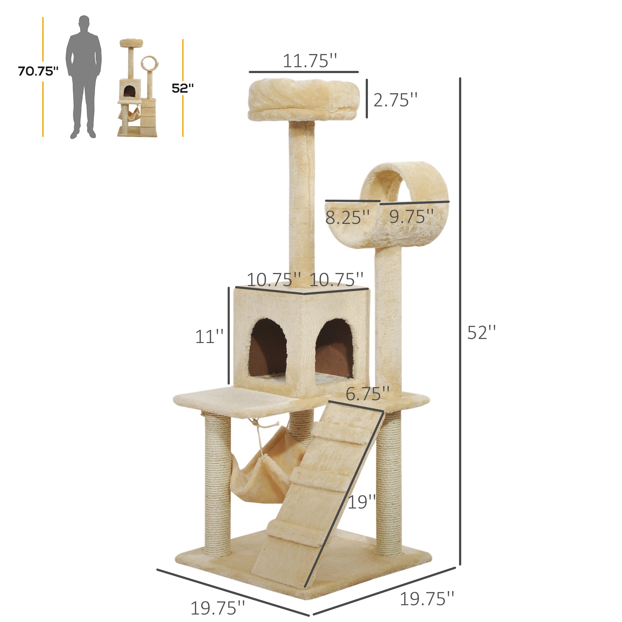 PawHut 52Inch Cat Tree Kitty Tower with Scratching Post Condo Hammock Pet Bed Furniture Kitten Activity Center, Beige