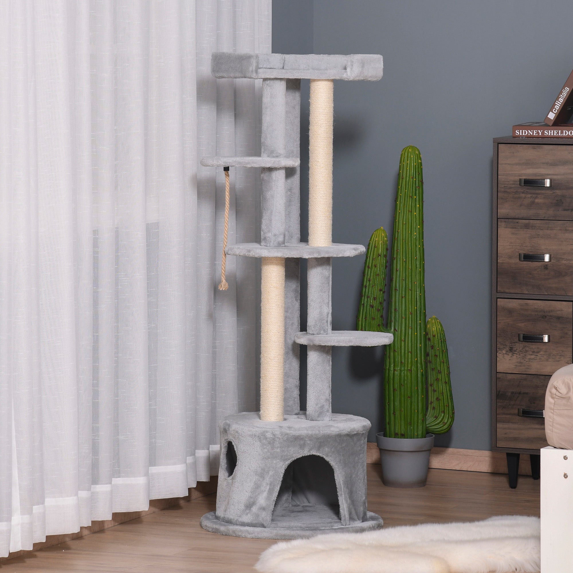 PawHut Cat Tree for Indoor Cats Kitten Tower Multi-level Activity Centre Pet Furniture with Scratching Post Condo Hanging Ropes Plush Perches Grey