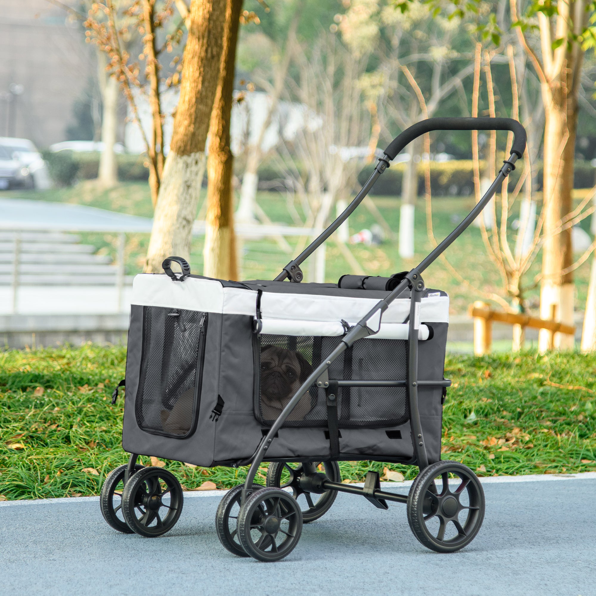 PawHut Dog Pram Dog Stroller Pet Pushchair with Detachable Carrier Soft Padding, Safety Leashes, for Mini and Small Dogs - Grey