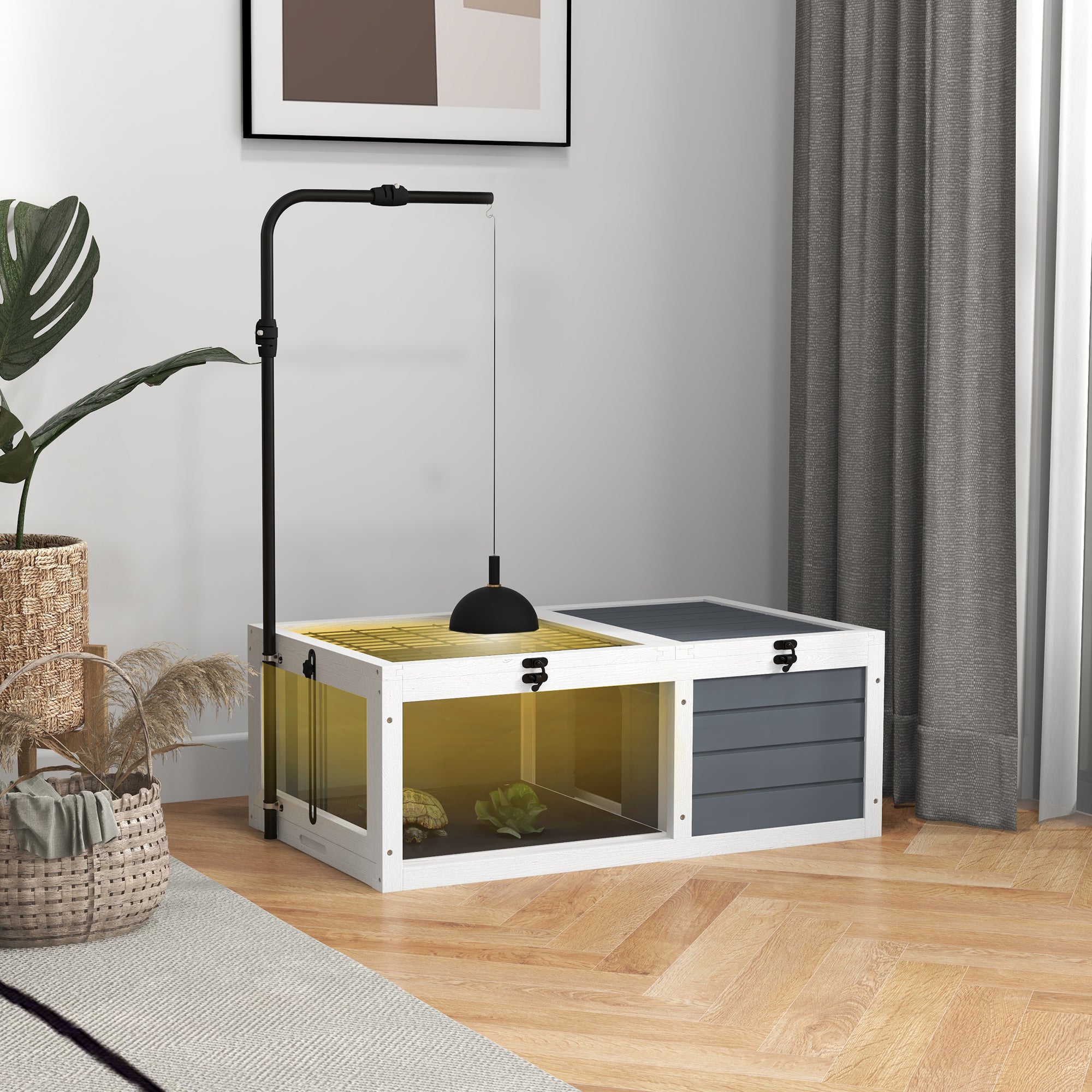 PawHut Tortoise House, Wooden Tortoise Table, Tortoise Enclosure with Adjustable Lamp Holder, Openable Lids, Pull-Out Trays - Grey