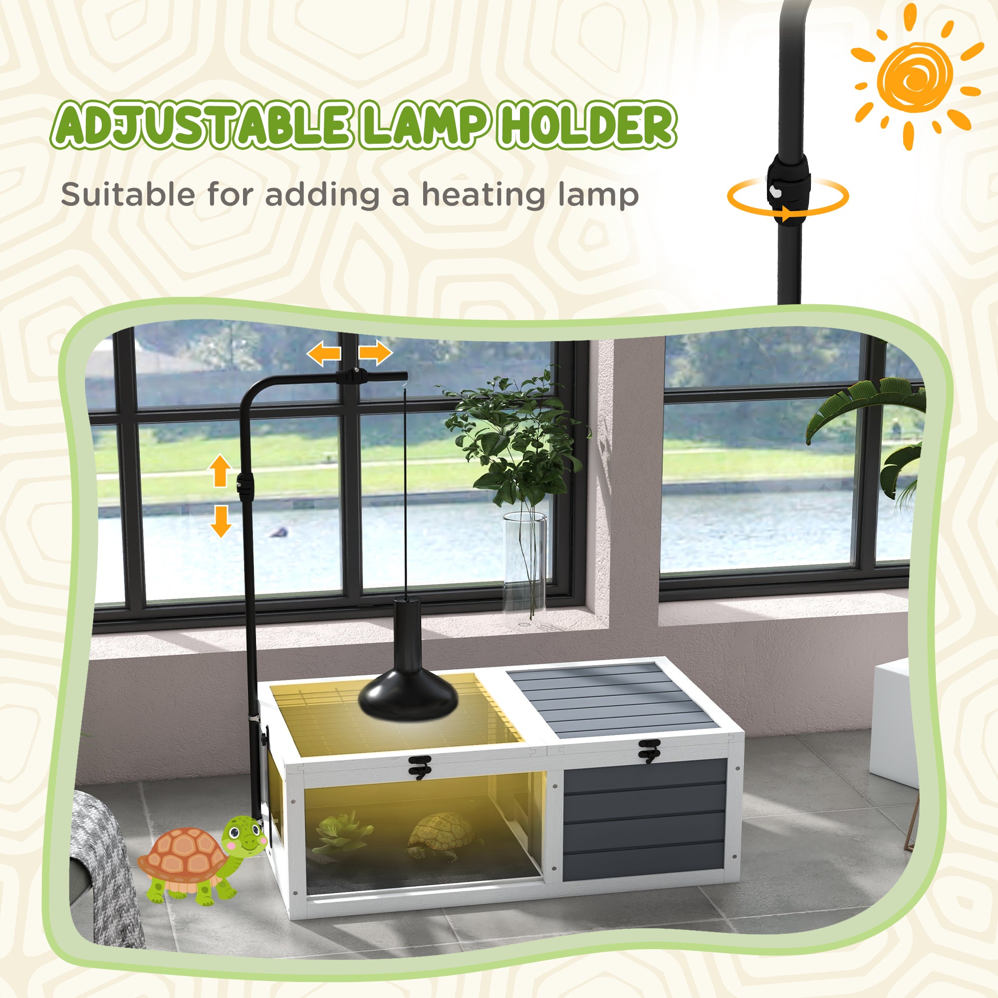 PawHut Tortoise House, Wooden Tortoise Table, Tortoise Enclosure with Adjustable Lamp Holder, Openable Lids, Pull-Out Trays - Grey
