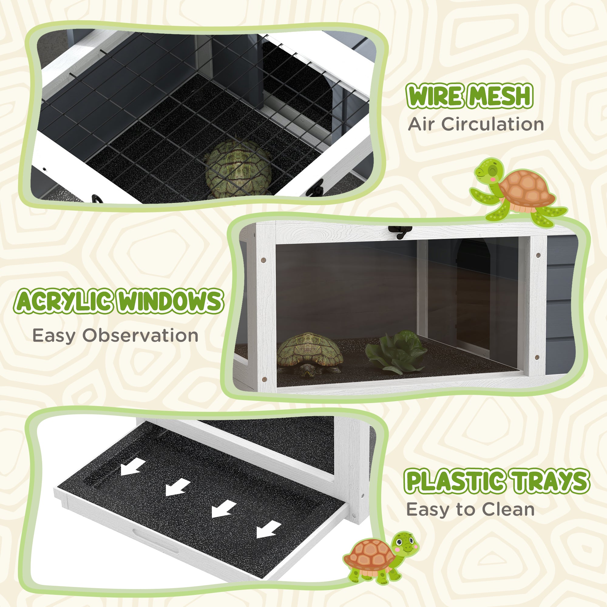PawHut Tortoise House Wooden Tortoise Enclosure Indoor Outdoor Turtle Habitat with Adjustable Lamp Holder, Openable Lids, Pull-out Trays, 32" L x 19" W x 12" H, Grey