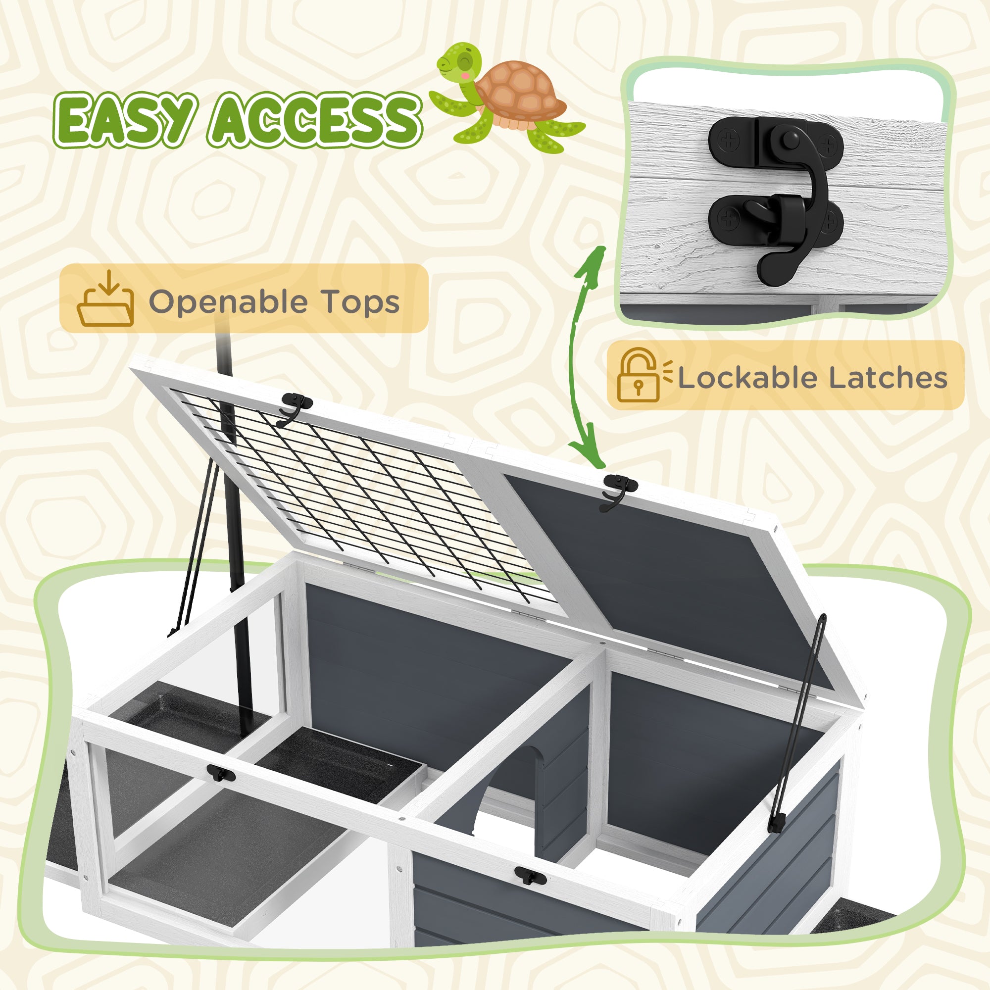 PawHut Tortoise House Wooden Tortoise Enclosure Indoor Outdoor Turtle Habitat with Adjustable Lamp Holder, Openable Lids, Pull-out Trays, 32" L x 19" W x 12" H, Grey