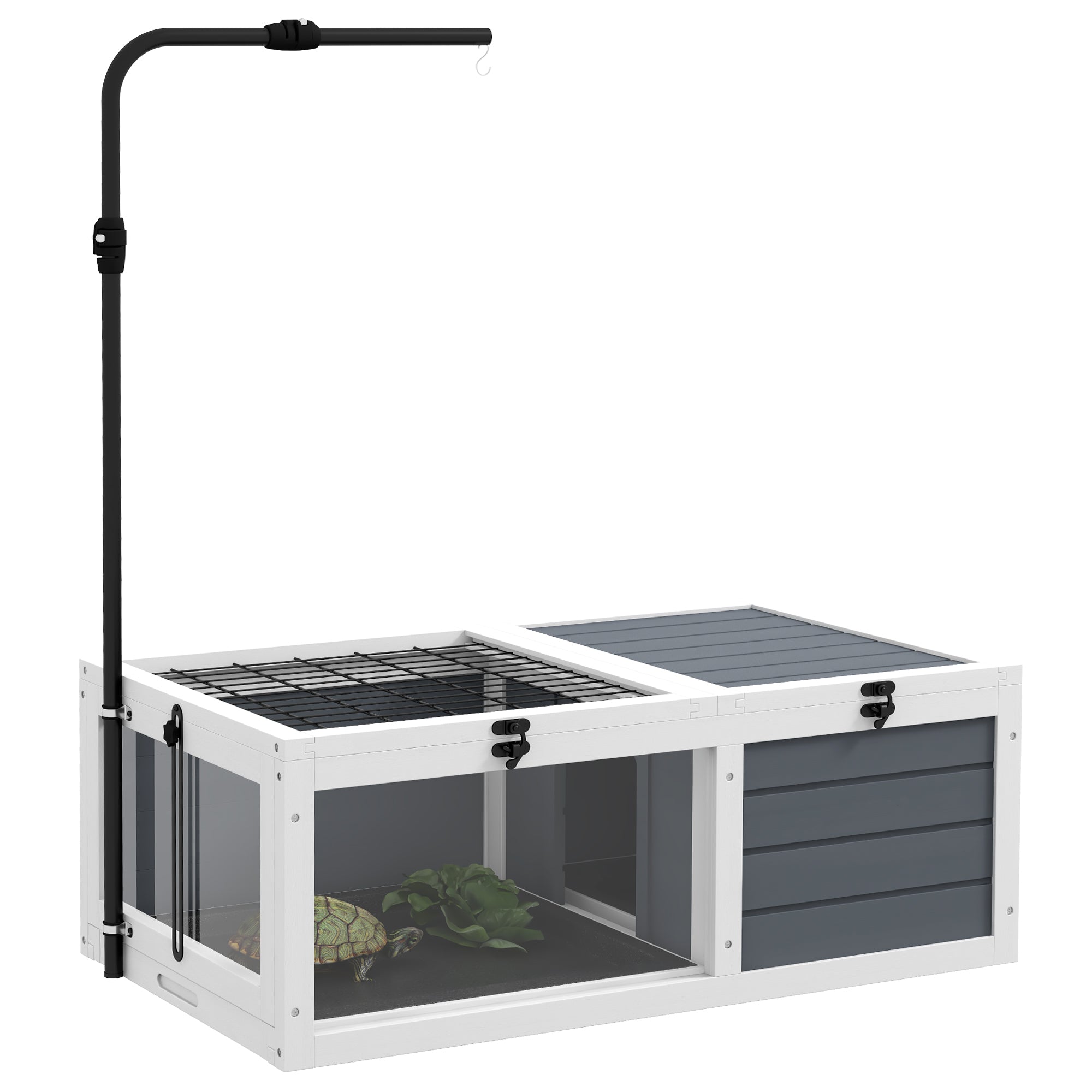 PawHut Tortoise House Wooden Tortoise Enclosure Indoor Outdoor Turtle Habitat with Adjustable Lamp Holder, Openable Lids, Pull-out Trays, 32" L x 19" W x 12" H, Grey