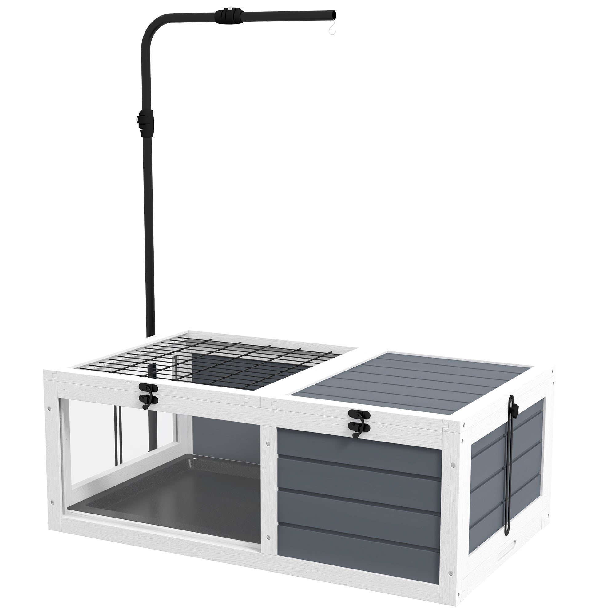 PawHut Tortoise House, Wooden Tortoise Table, Tortoise Enclosure with Adjustable Lamp Holder, Openable Lids, Pull-Out Trays - Grey