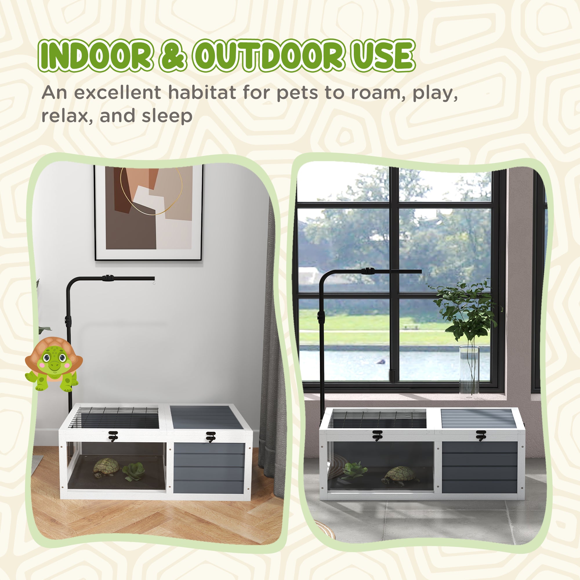 PawHut Tortoise House, Wooden Tortoise Table, Tortoise Enclosure with Adjustable Lamp Holder, Openable Lids, Pull-Out Trays - Grey