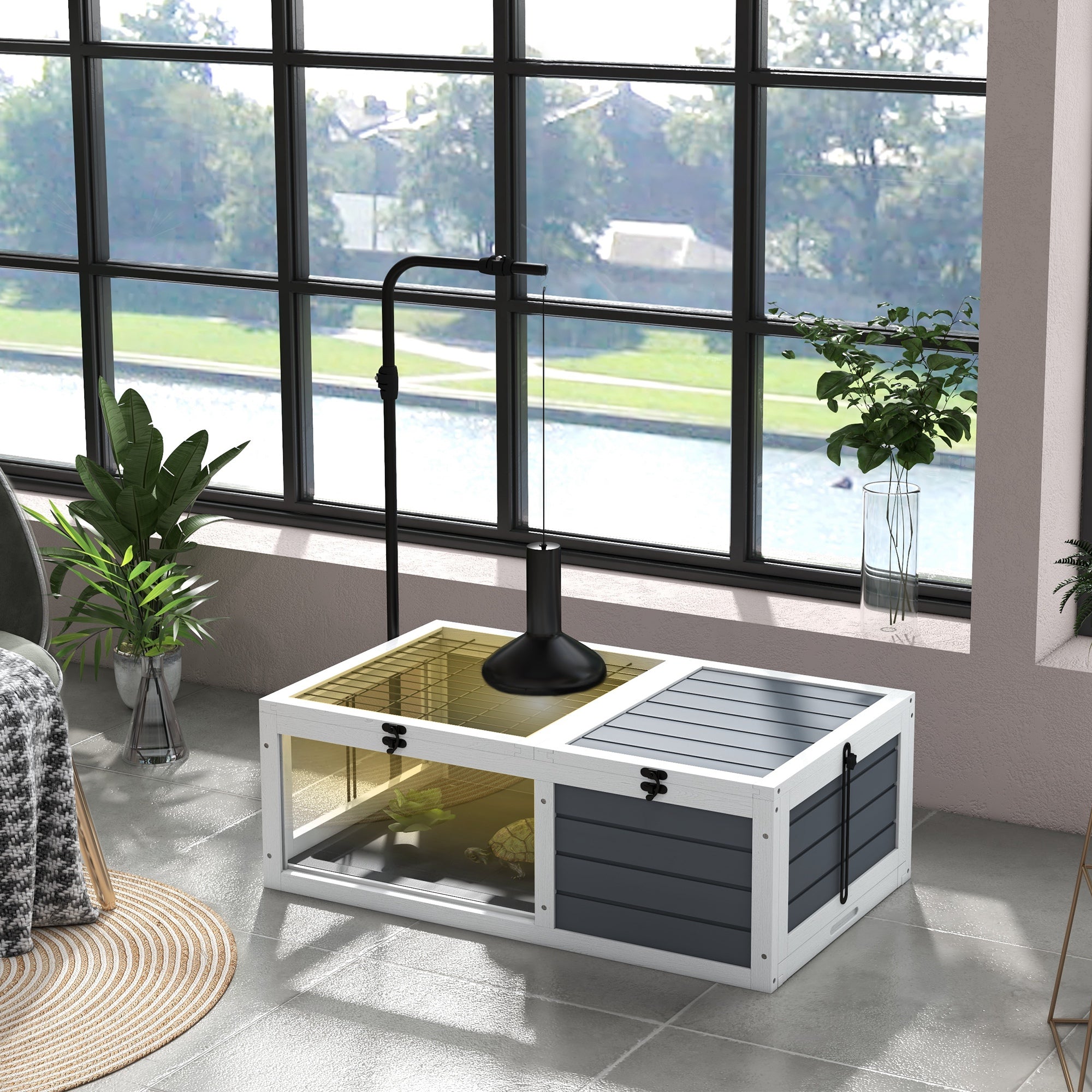PawHut Tortoise House Wooden Tortoise Enclosure Indoor Outdoor Turtle Habitat with Adjustable Lamp Holder, Openable Lids, Pull-out Trays, 32" L x 19" W x 12" H, Grey