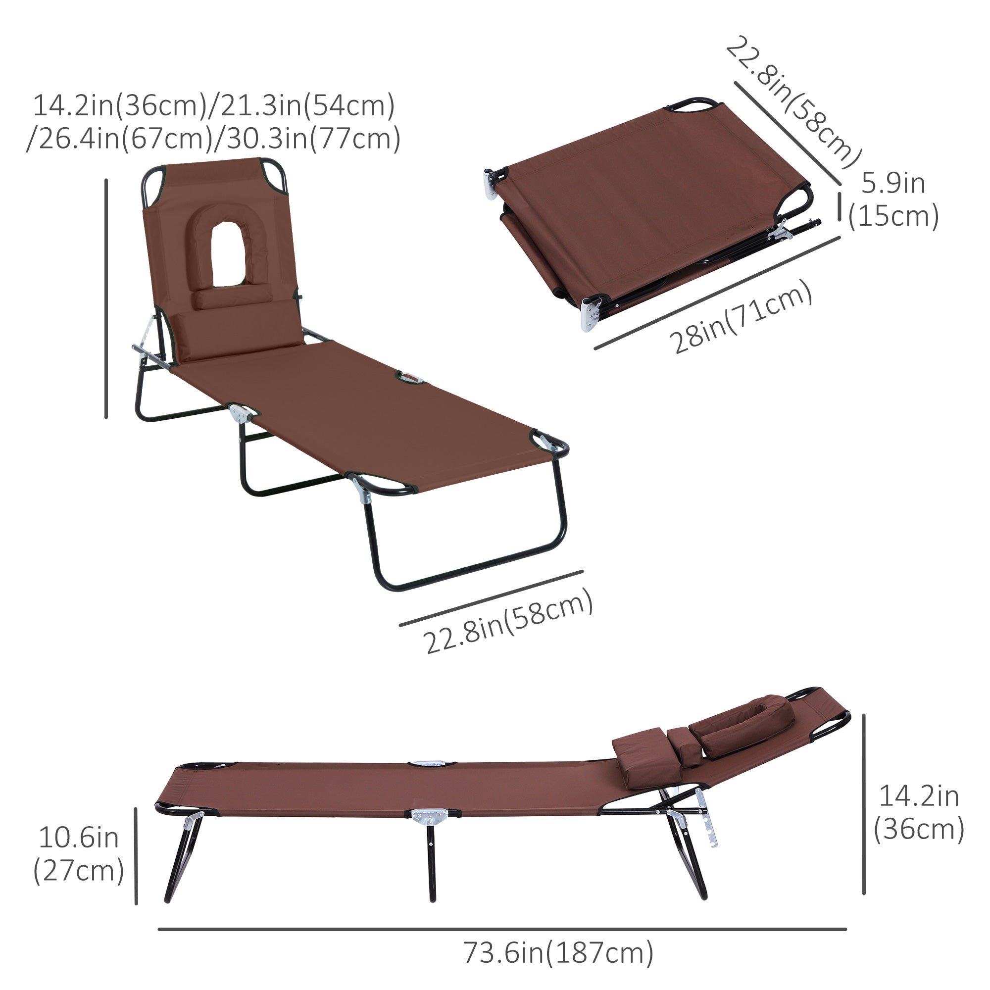 Outsunny Adjustable Outdoor Lounge Chair, Garden Folding Chaise Lounge w/ Reading Hole Reclining Tanning Chair Seat, Folding Camping Beach Lounging Bed with Support Pillow, Brown
