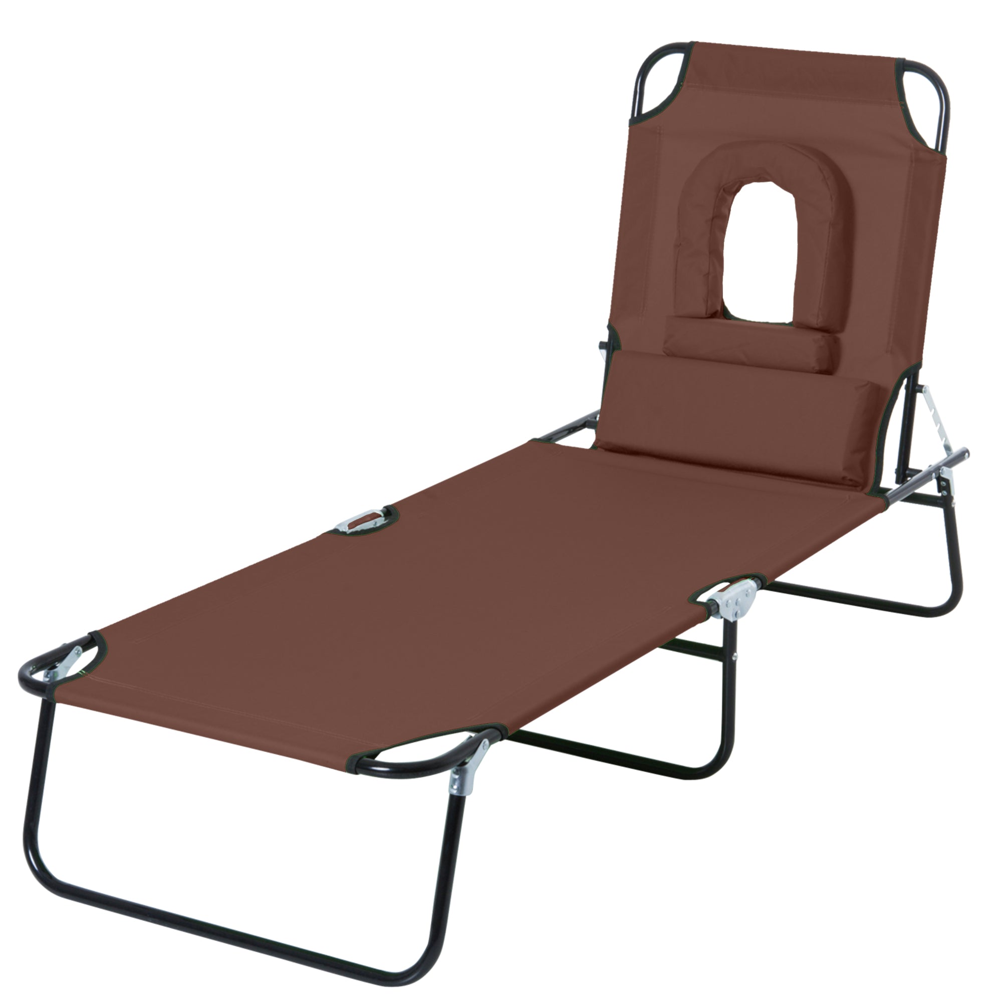 Outsunny Adjustable Outdoor Lounge Chair, Garden Folding Chaise Lounge w/ Reading Hole Reclining Tanning Chair Seat, Folding Camping Beach Lounging Bed with Support Pillow, Brown