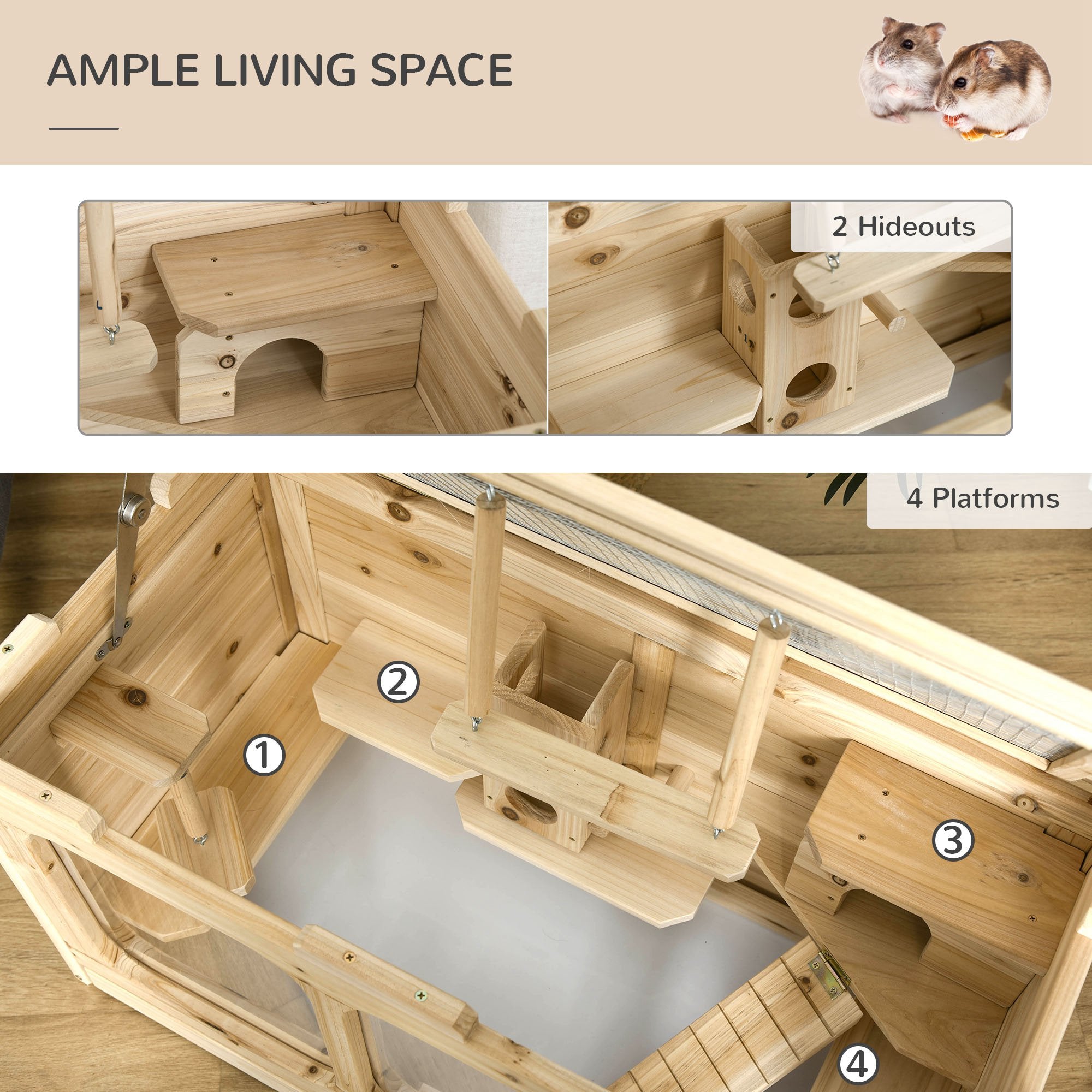 PawHut Large Wooden Hamster Cage Pet Small Animal Kit Activity Center Play House for Indoor 78 x 40 x 44 cm, Natural