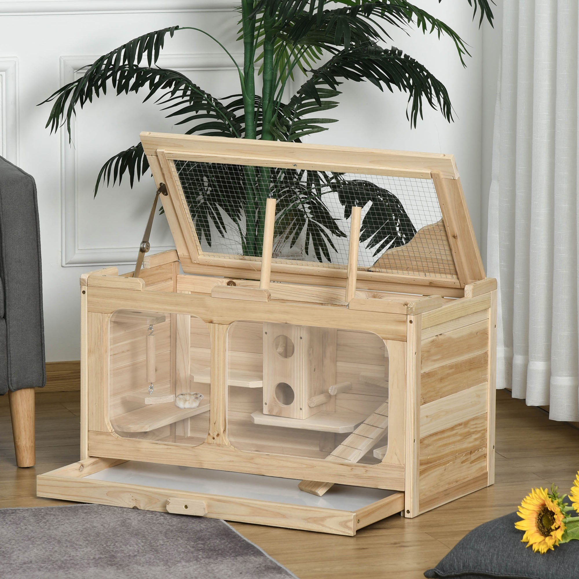 PawHut Wooden Hamster Cage Rodent Small Animal Hutch with Seesaw, Ladder Activity Center Play House for Indoor Use 30.75" x 15.75" x 17.25", Natural