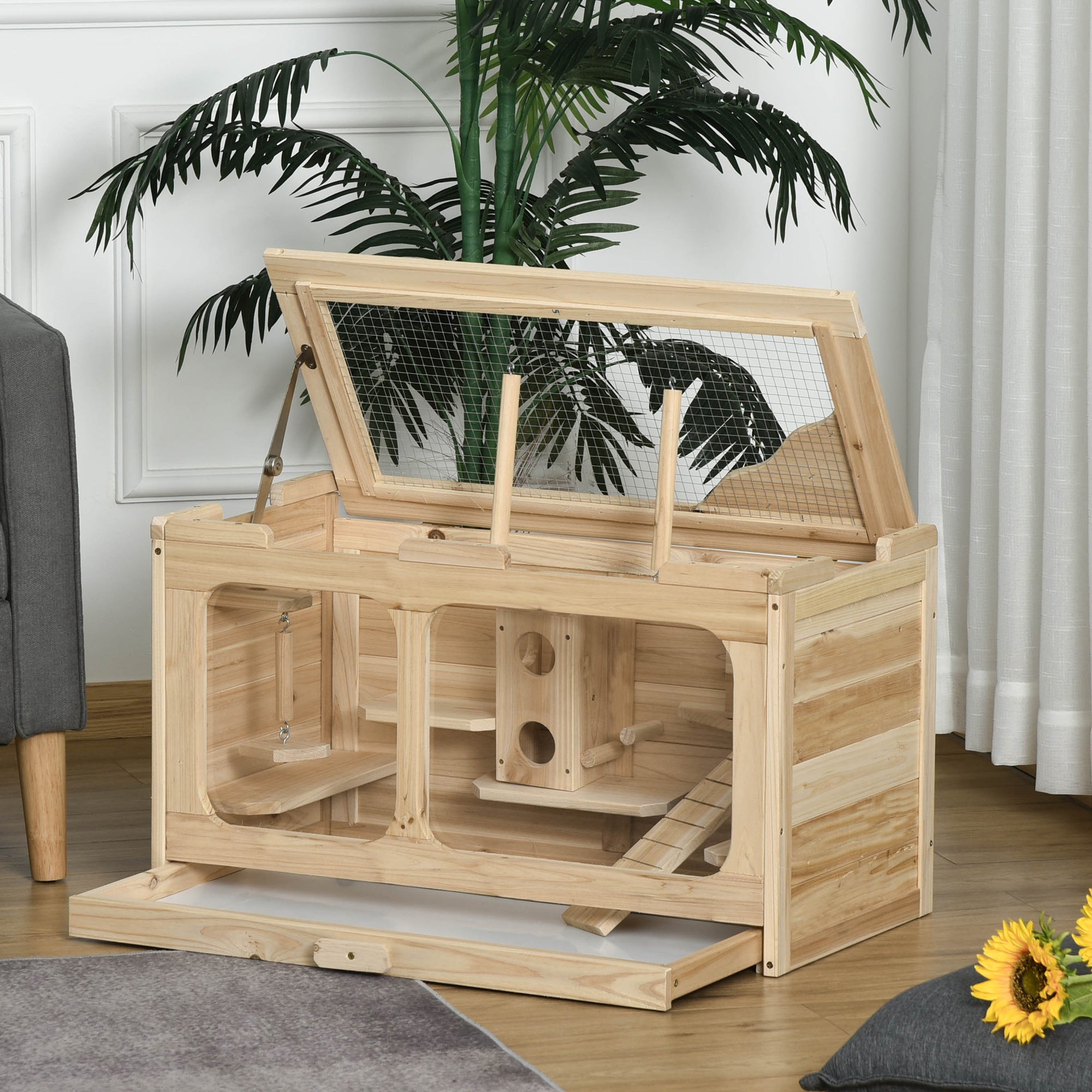 PawHut Large Wooden Hamster Cage Pet Small Animal Kit Activity Center Play House for Indoor 78 x 40 x 44 cm, Natural