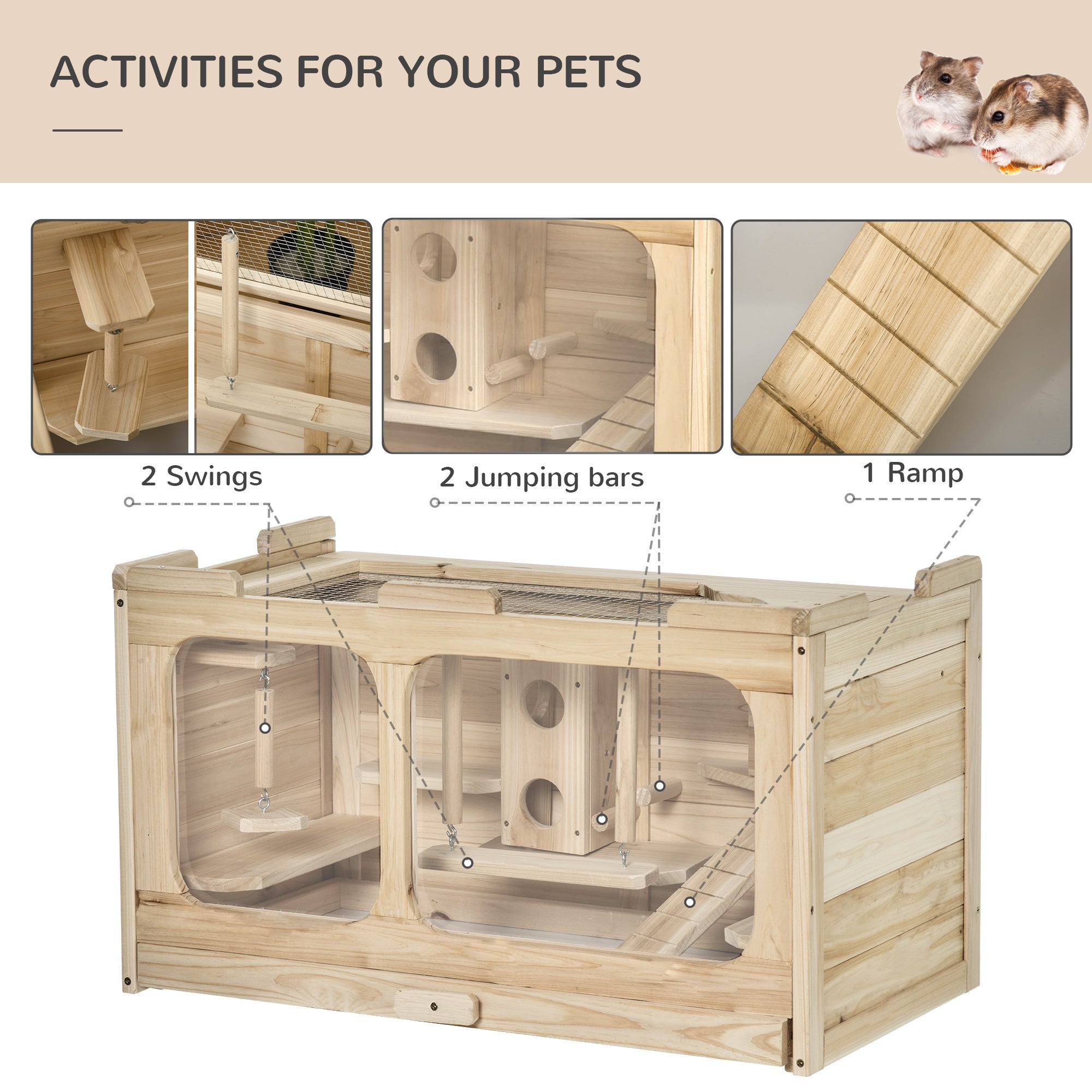 PawHut Wooden Hamster Cage Rodent Small Animal Hutch with Seesaw, Ladder Activity Center Play House for Indoor Use 30.75" x 15.75" x 17.25", Natural