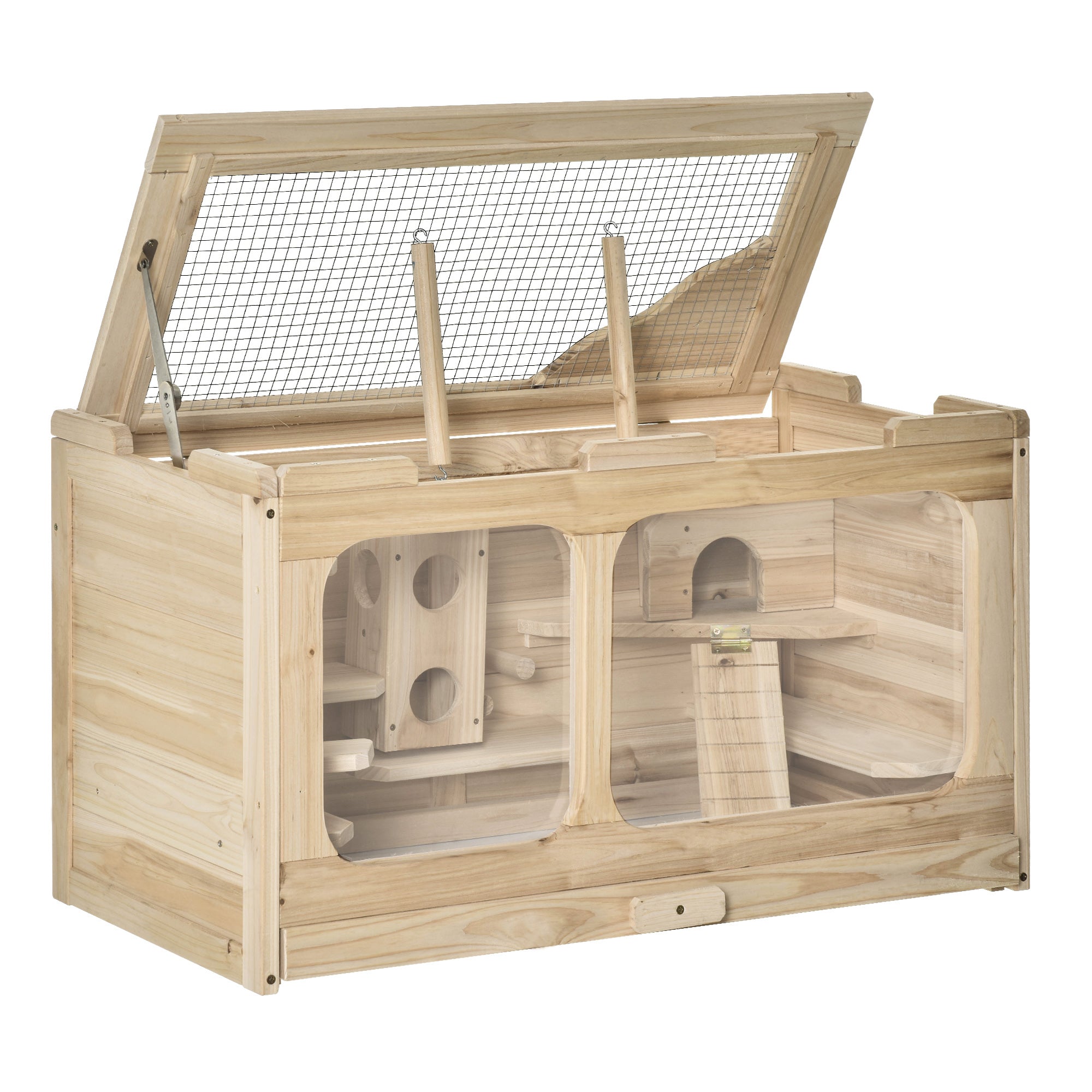PawHut Wooden Hamster Cage Rodent Small Animal Hutch with Seesaw, Ladder Activity Center Play House for Indoor Use 30.75" x 15.75" x 17.25", Natural