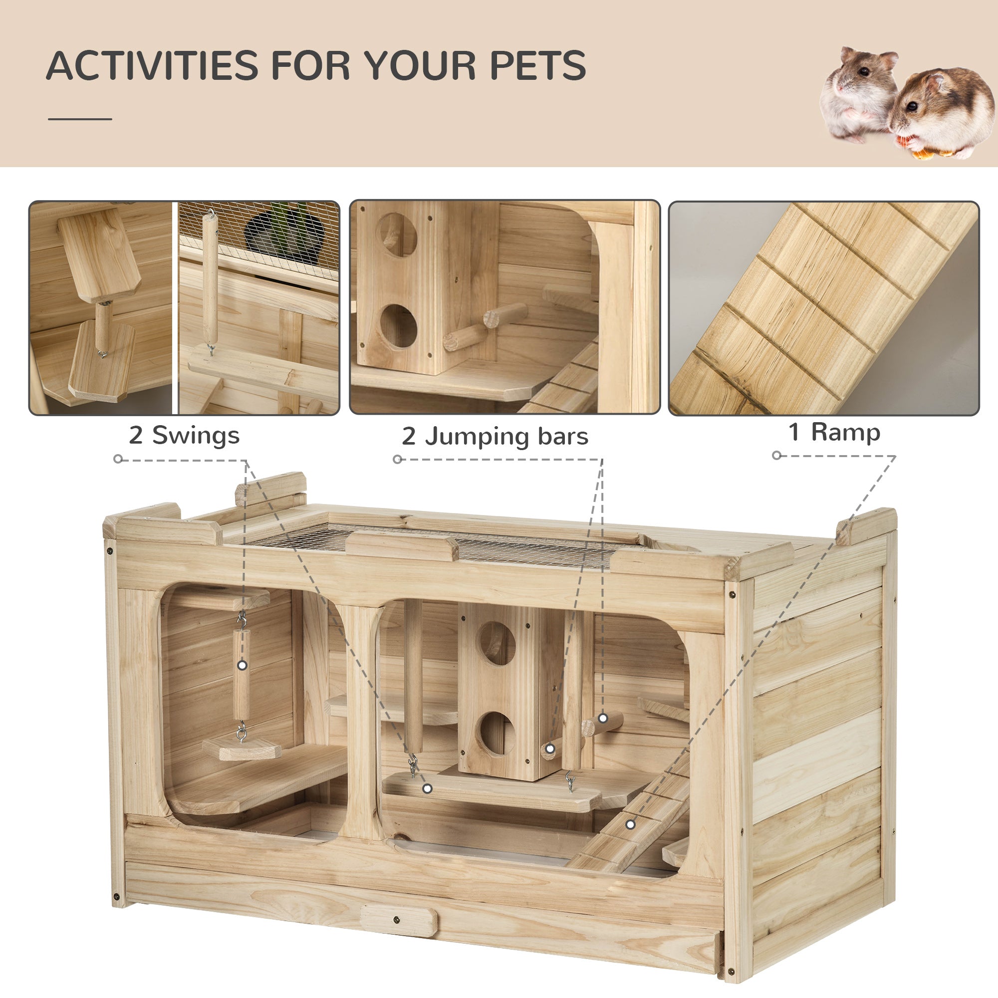 PawHut Large Wooden Hamster Cage Pet Small Animal Kit Activity Center Play House for Indoor 78 x 40 x 44 cm, Natural