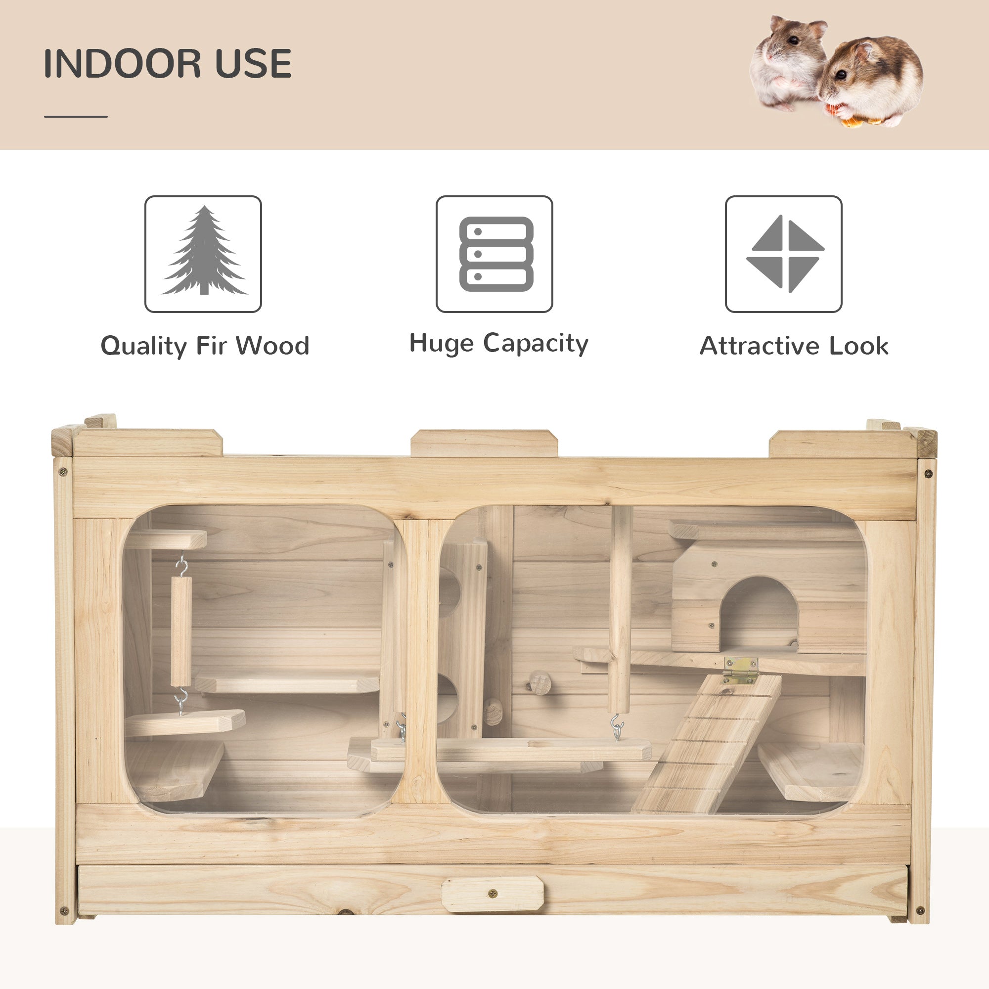 PawHut Wooden Hamster Cage Rodent Small Animal Hutch with Seesaw, Ladder Activity Center Play House for Indoor Use 30.75" x 15.75" x 17.25", Natural