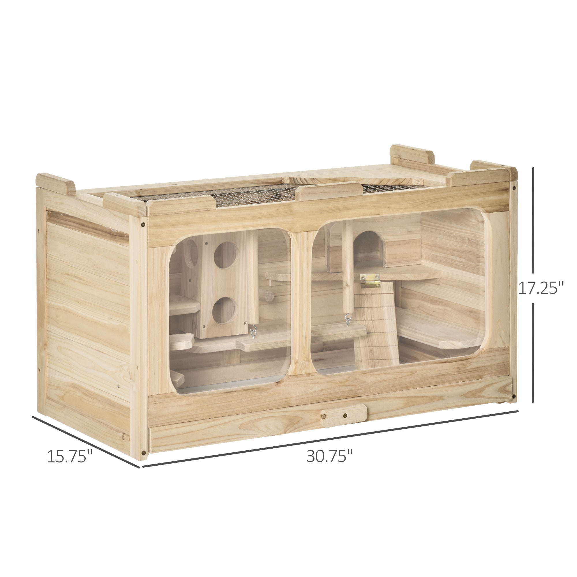 PawHut Wooden Hamster Cage Rodent Small Animal Hutch with Seesaw, Ladder Activity Center Play House for Indoor Use 30.75" x 15.75" x 17.25", Natural