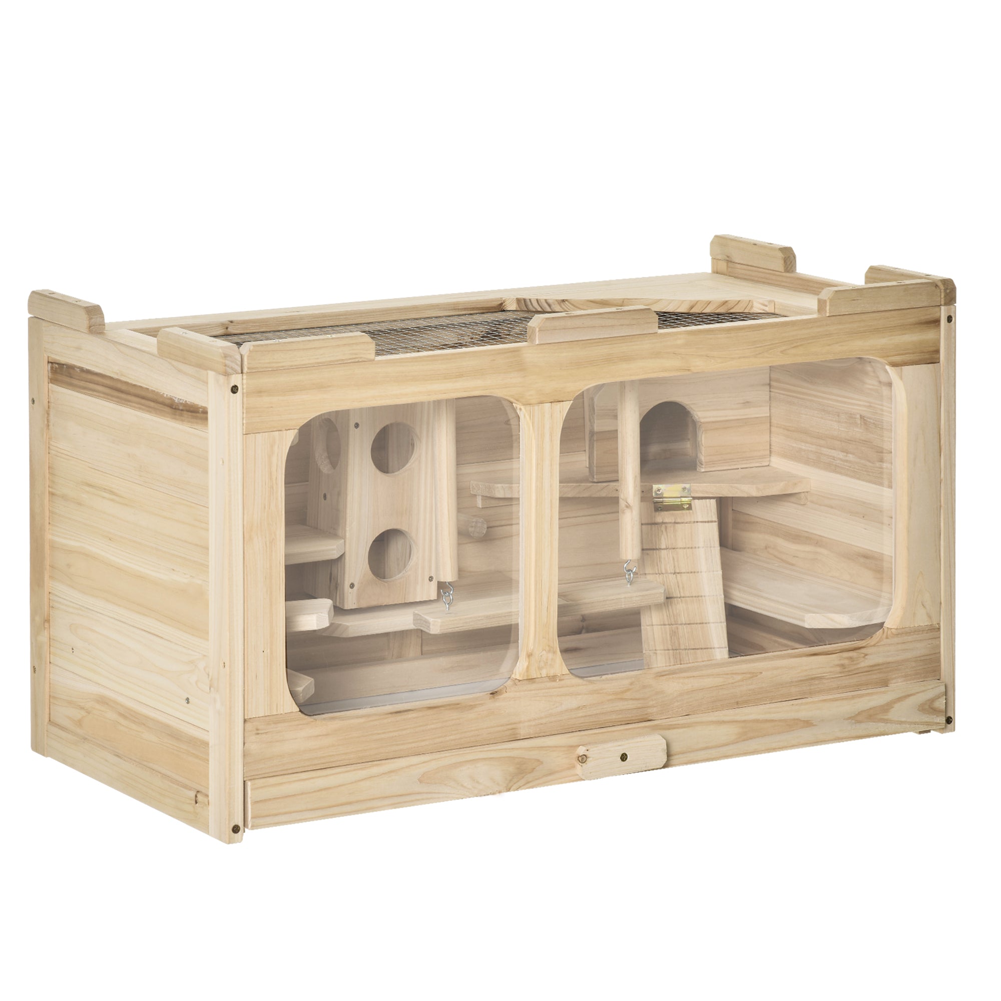PawHut Wooden Hamster Cage Rodent Small Animal Hutch with Seesaw, Ladder Activity Center Play House for Indoor Use 30.75" x 15.75" x 17.25", Natural
