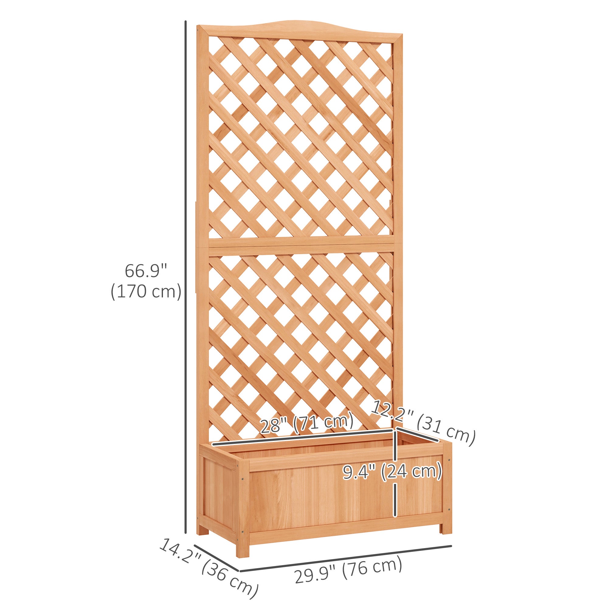 Outsunny 30" x 14" x 67" Raised Garden Bed Wood Planter with Trellis for Vine Climbing, to Grow Vegetables, Herbs, and Flowers for Backyard, Patio, Brown