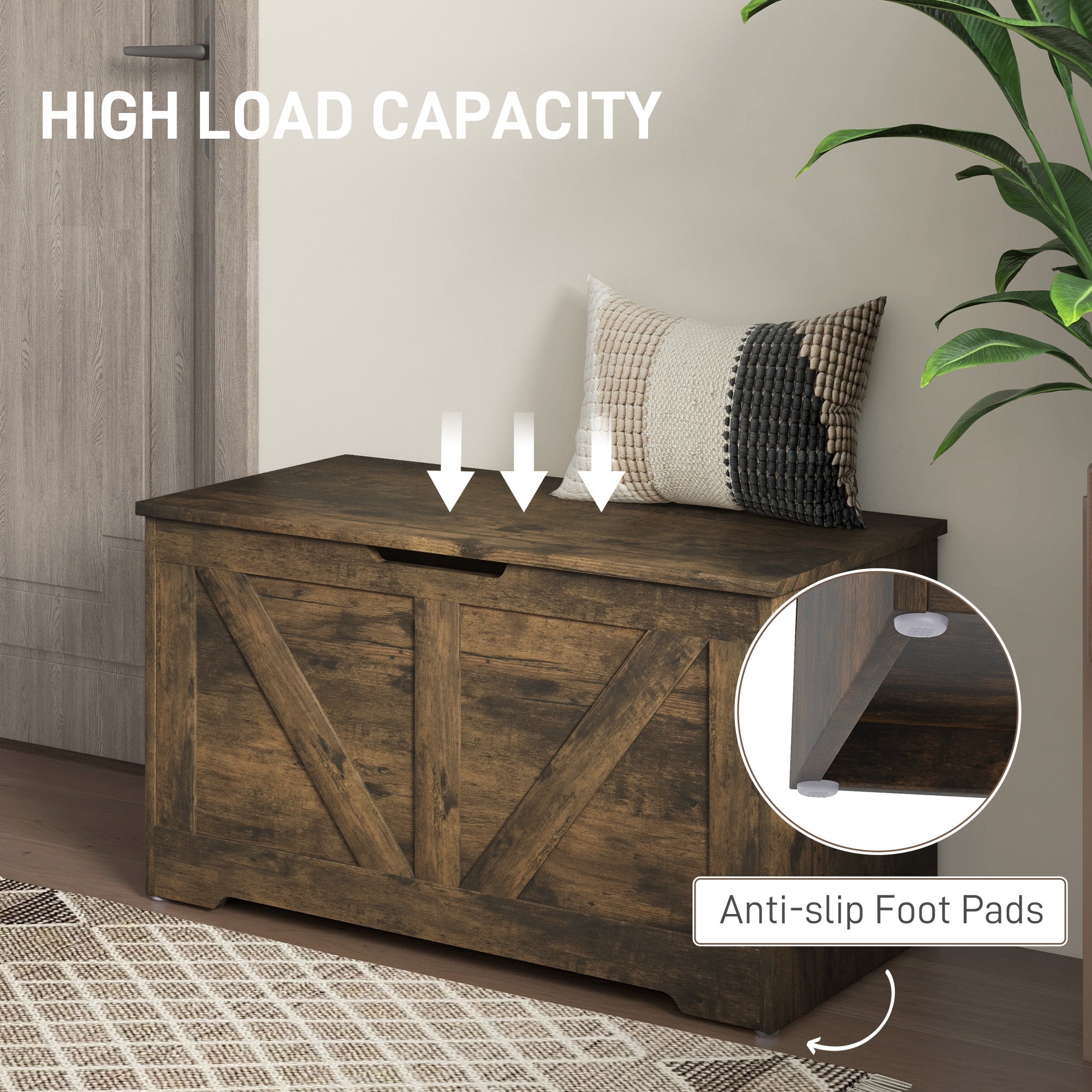 HOMCOM Storage Chest, Storage Trunk with 2 Safety Hinges and U-shaped Cut-out Pull, Wooden Box for Living Room, Entryway, 31.5