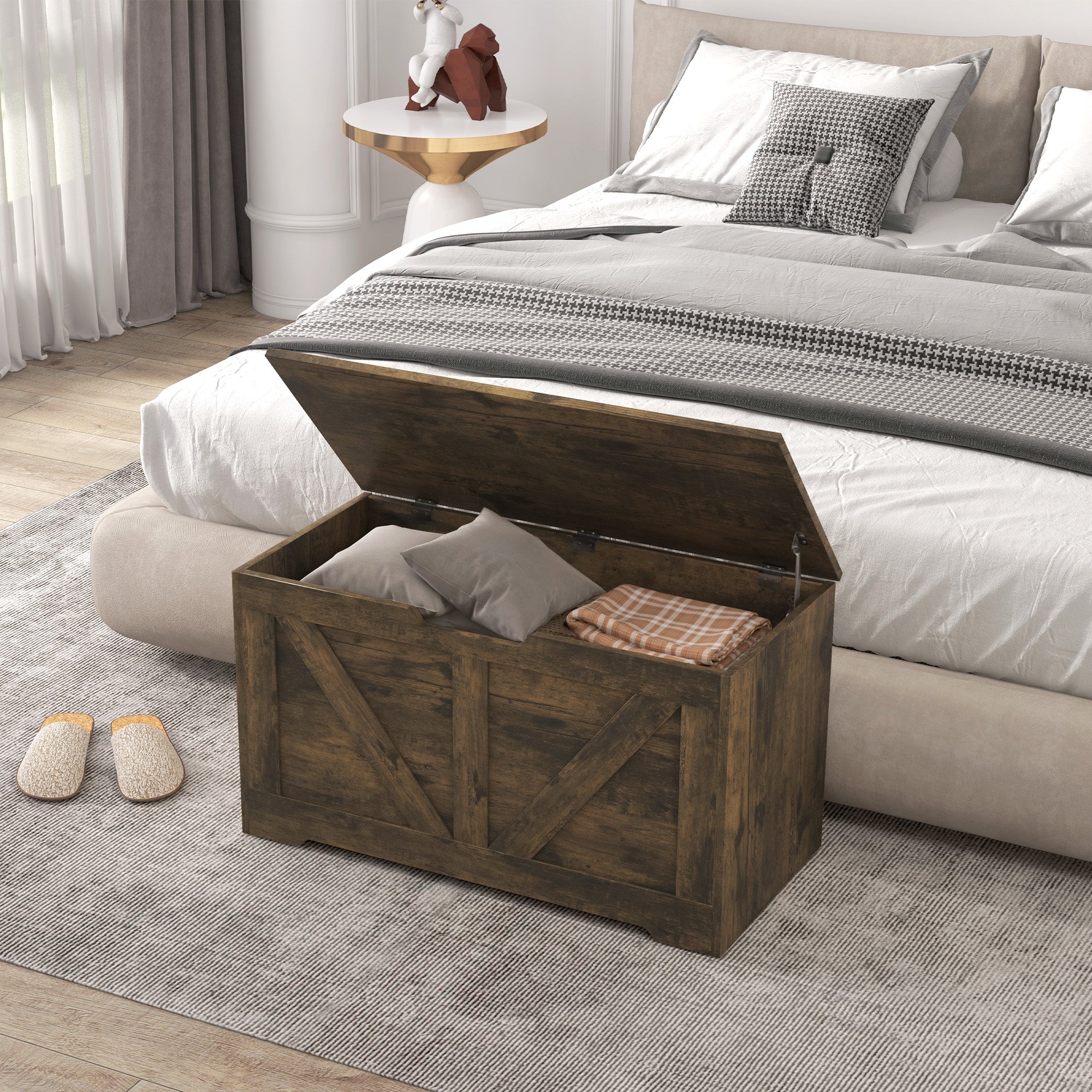 HOMCOM Storage Chest, Storage Trunk with 2 Safety Hinges and U-shaped Cut-out Pull, Wooden Box for Living Room, Entryway, 31.5