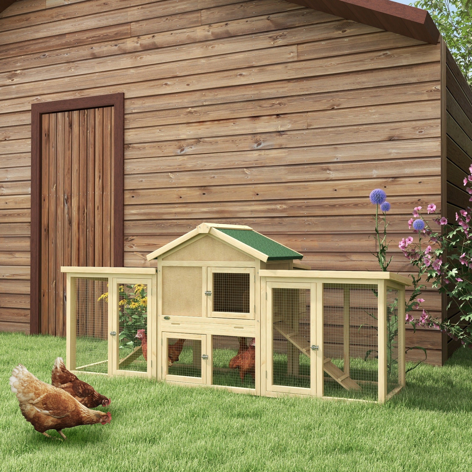 PawHut Large Chicken Coop with Run Garden Hen House Poultry Coops Cages with Nesting Box Wooden 204 x 85 x 93cm, Natural Wood Finish