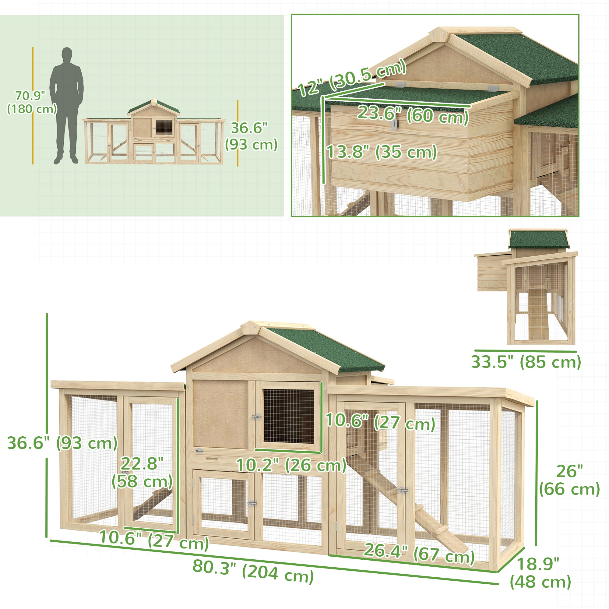 PawHut 80" Chicken Coop, Wooden Hen House Large Rabbit Hutch Poultry Cage Pen with Nesting Box, Run, Ramp, Drawer, for Outdoor Backyard Garden