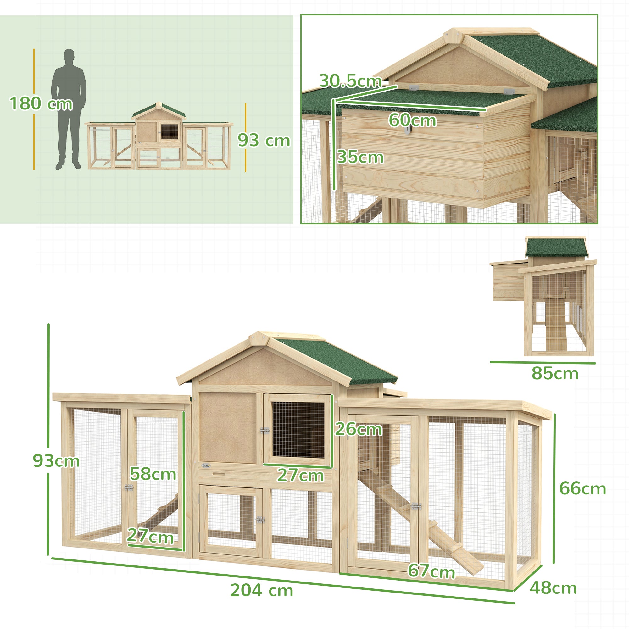 PawHut Large Chicken Coop with Run Garden Hen House Poultry Coops Cages with Nesting Box Wooden 204 x 85 x 93cm, Natural Wood Finish