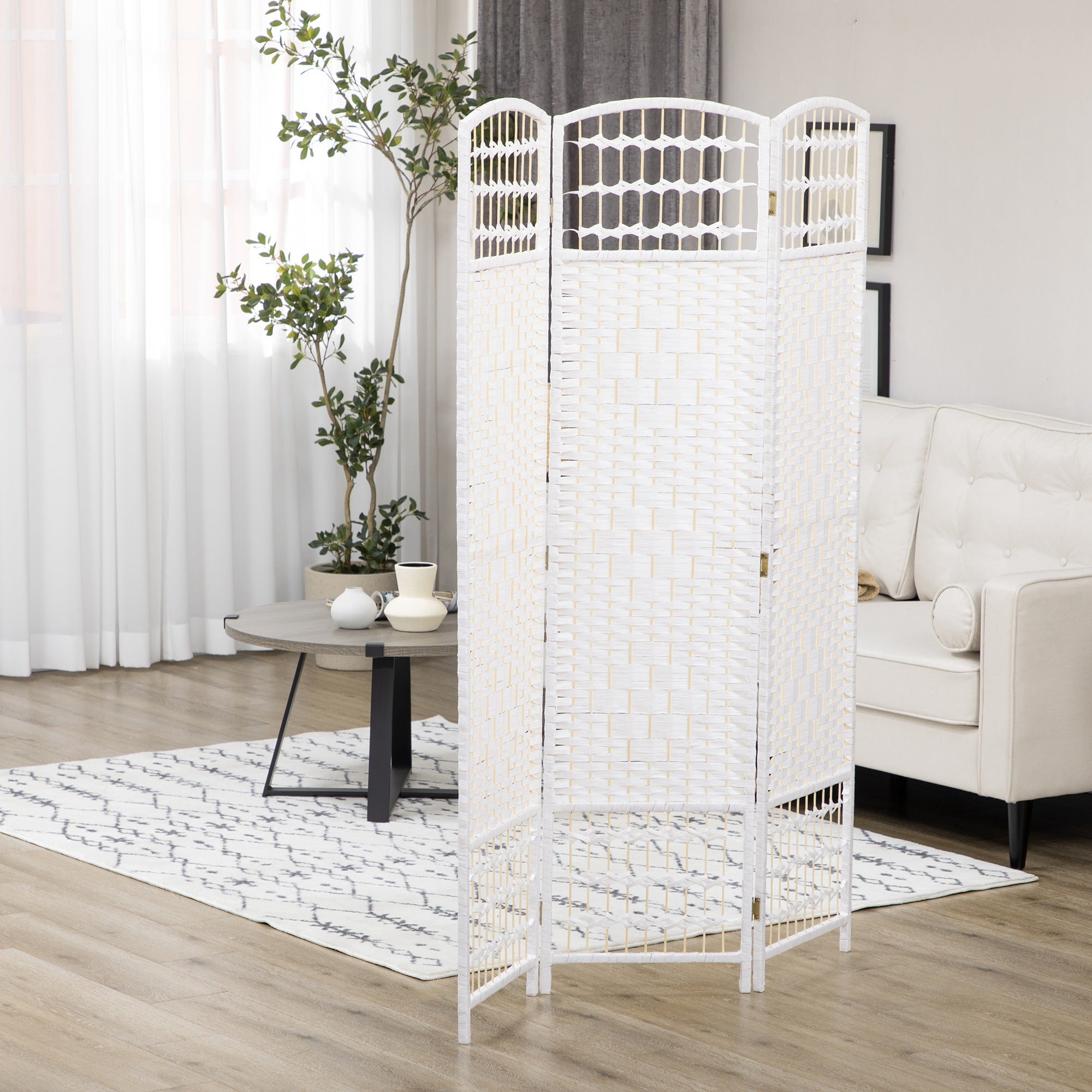 HOMCOM 3 Panel Room Divider, 5.6 ft Tall Folding Privacy Screen, Wave Fiber Freestanding Partition Wall Divider for Home Office, White