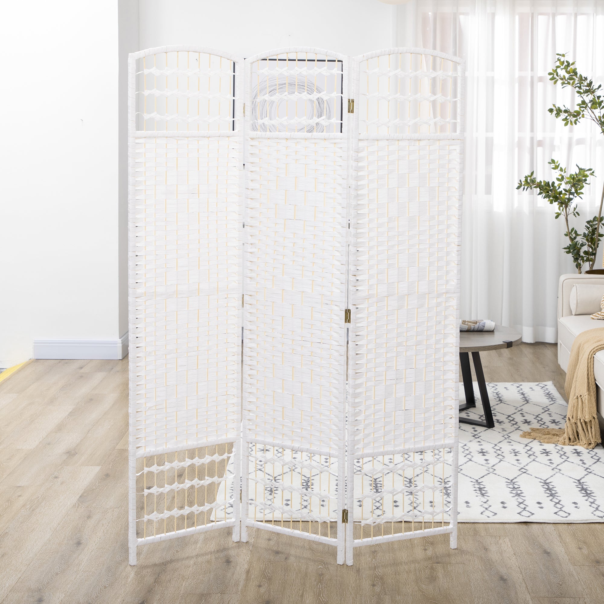HOMCOM 3 Panel Room Divider, 5.6 ft Tall Folding Privacy Screen, Wave Fiber Freestanding Partition Wall Divider for Home Office, White