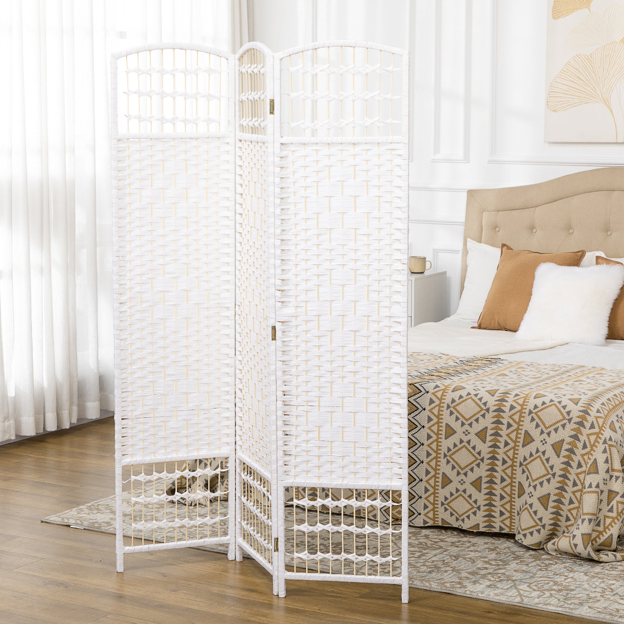 HOMCOM 3 Panel Room Divider, 5.6 ft Tall Folding Privacy Screen, Wave Fiber Freestanding Partition Wall Divider for Home Office, White