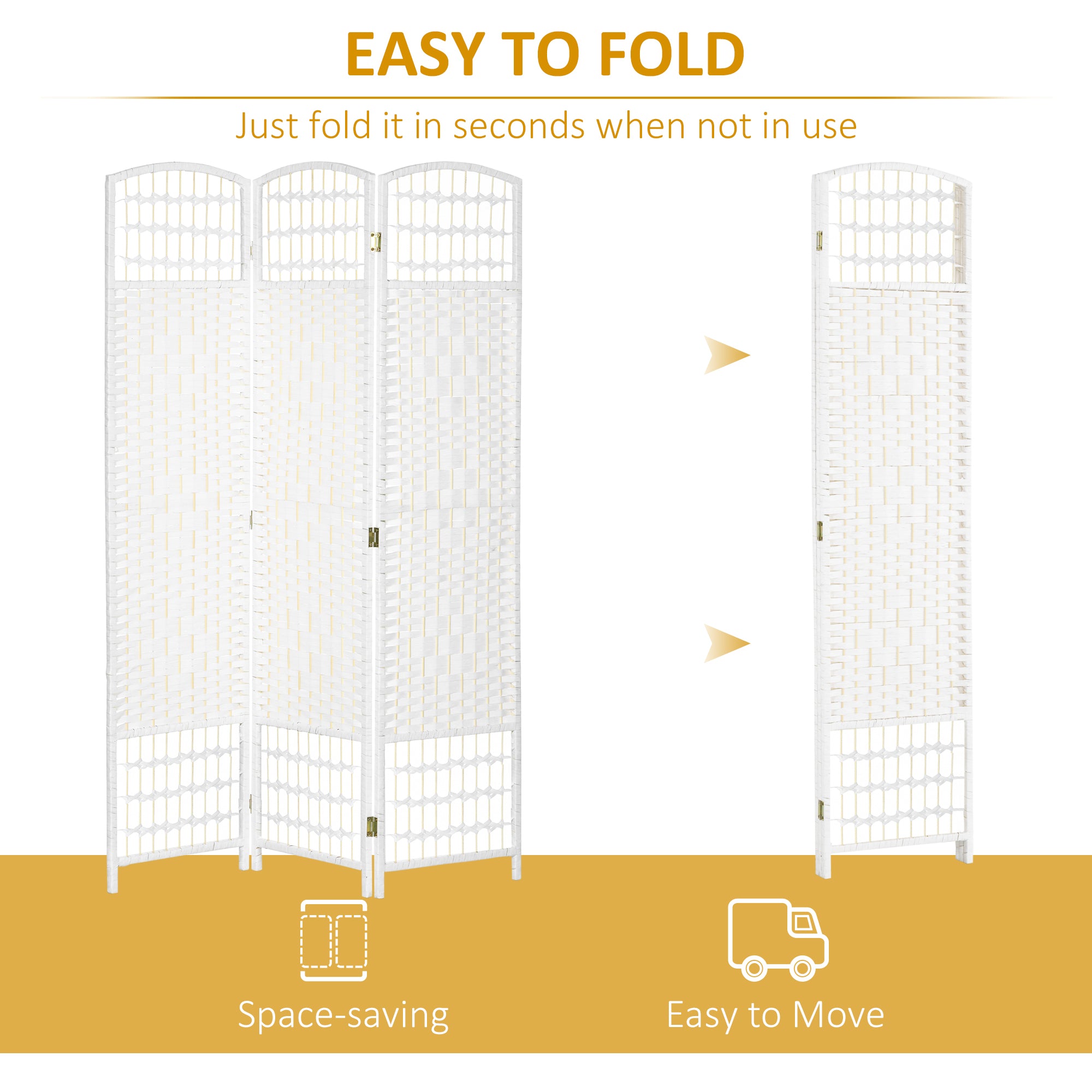 HOMCOM 3 Panel Room Divider, 5.6 ft Tall Folding Privacy Screen, Wave Fiber Freestanding Partition Wall Divider for Home Office, White