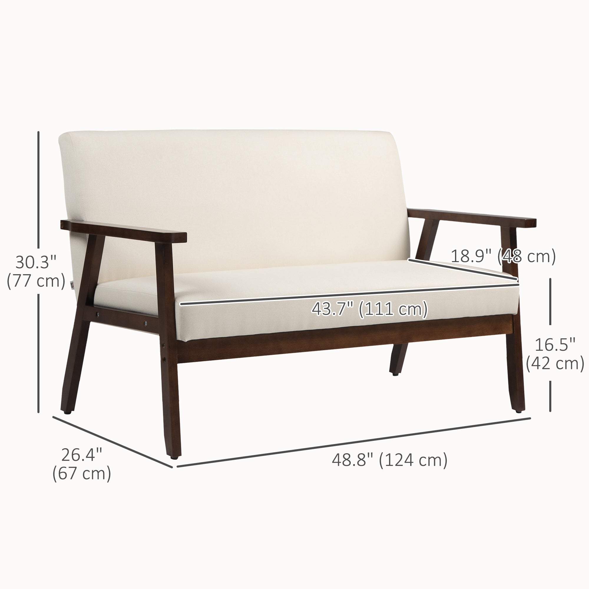 HOMCOM 48" Loveseat Sofa for Bedroom, Modern Love Seats Furniture, Upholstered 2 Seater Couch with Rubber Wood Legs for Living Room, Cream White