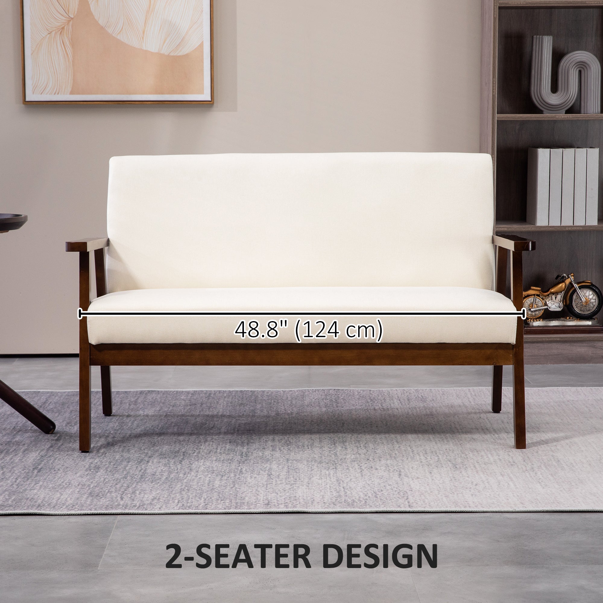 HOMCOM 48" Loveseat Sofa for Bedroom, Modern Love Seats Furniture, Upholstered 2 Seater Couch with Rubber Wood Legs for Living Room, Cream White