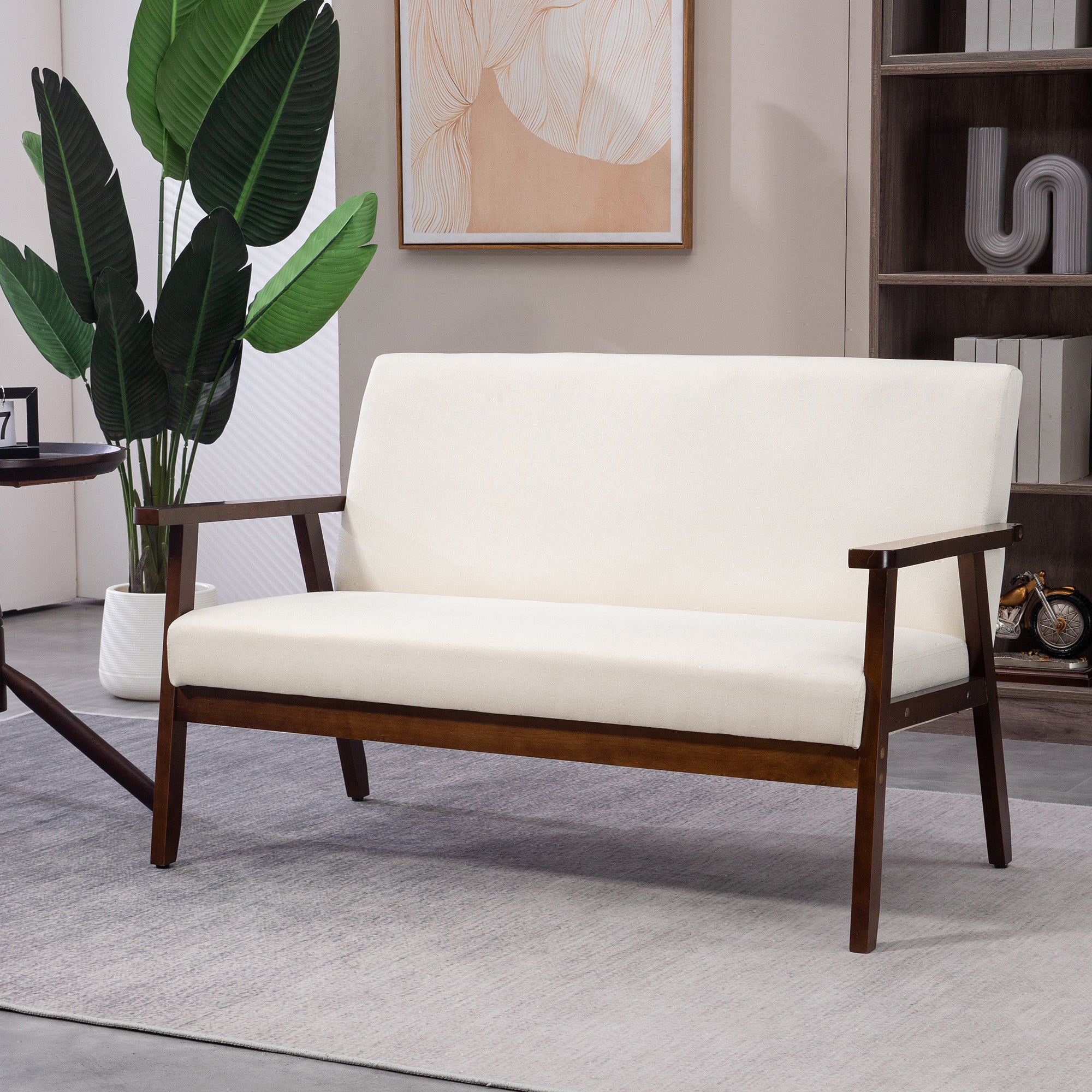 HOMCOM 48" Loveseat Sofa for Bedroom, Modern Love Seats Furniture, Upholstered 2 Seater Couch with Rubber Wood Legs for Living Room, Cream White