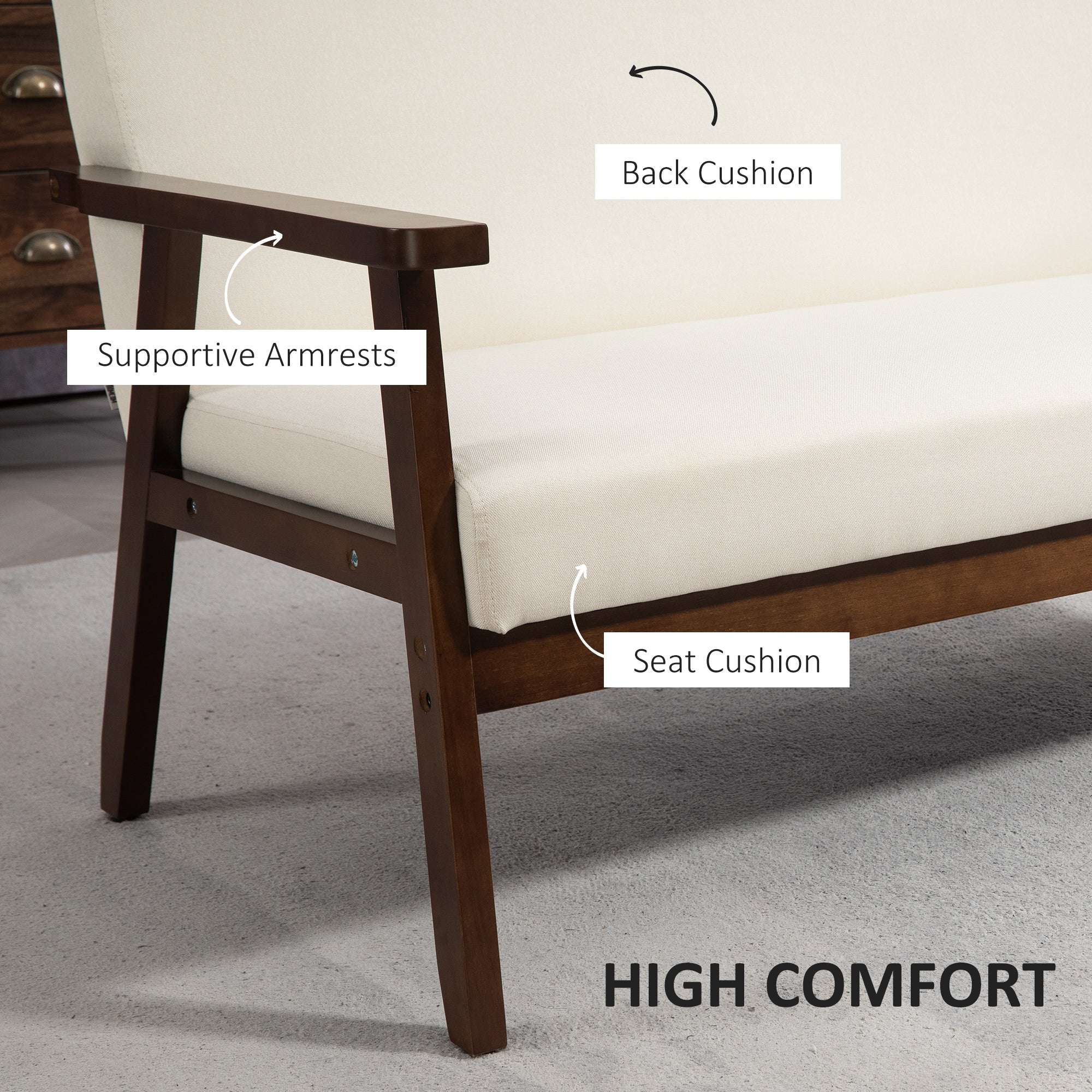 HOMCOM 48" Loveseat Sofa for Bedroom, Modern Love Seats Furniture, Upholstered 2 Seater Couch with Rubber Wood Legs for Living Room, Cream White