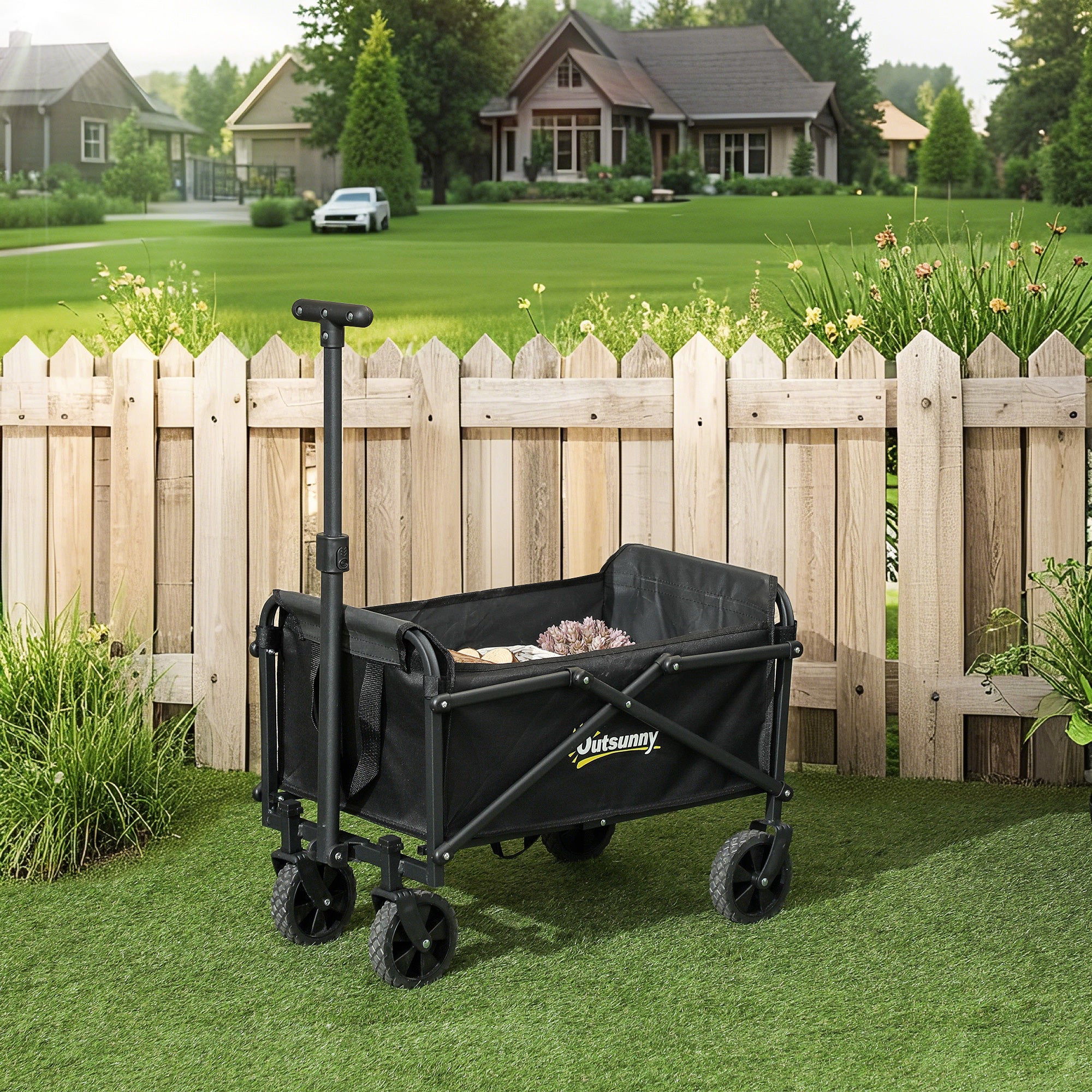 Outsunny Small Collapsible Folding Wagon Cart, Heavy Duty Outdoor Utility Garden Cart with Universal Wheels and Adjustable Handle for Sports, Camping, Shopping, Black