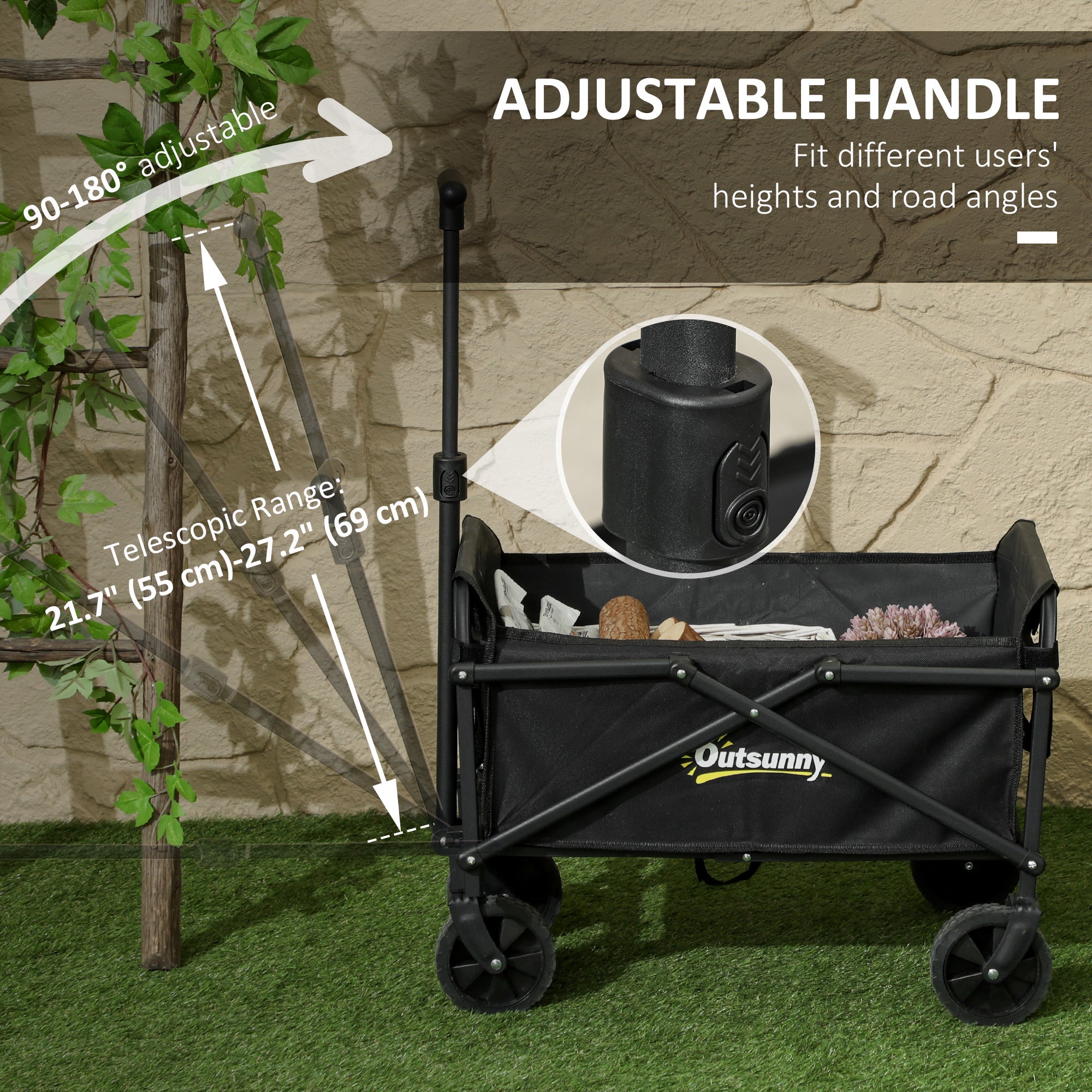 Outsunny Small Collapsible Folding Wagon Cart, Heavy Duty Outdoor Utility Garden Cart with Universal Wheels and Adjustable Handle for Sports, Camping, Shopping, Black